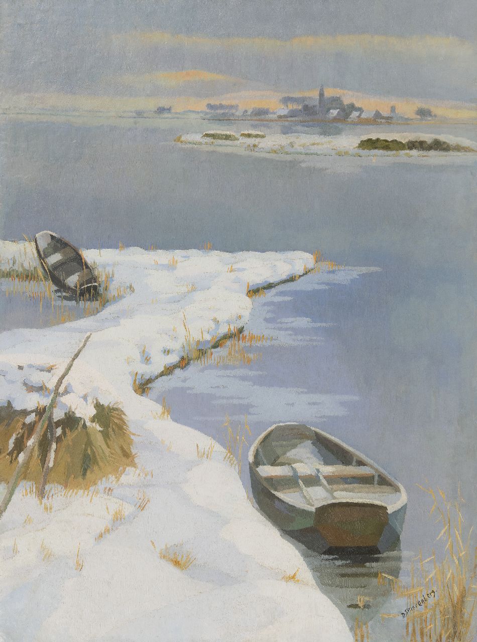 Smorenberg D.  | Dirk Smorenberg | Paintings offered for sale | Snowy lake at Loosdrecht, oil on canvas 75.5 x 56.1 cm, signed l.r.  partly restored and without frame