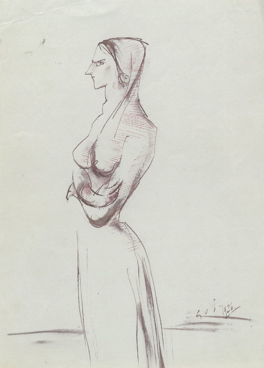 Schnell G. van | Gabriel van Schnell | Watercolours and drawings offered for sale | Portrait of a standing lady with a headdress, ink on paper 22.8 x 17.7 cm, signed with initials and dated 1936