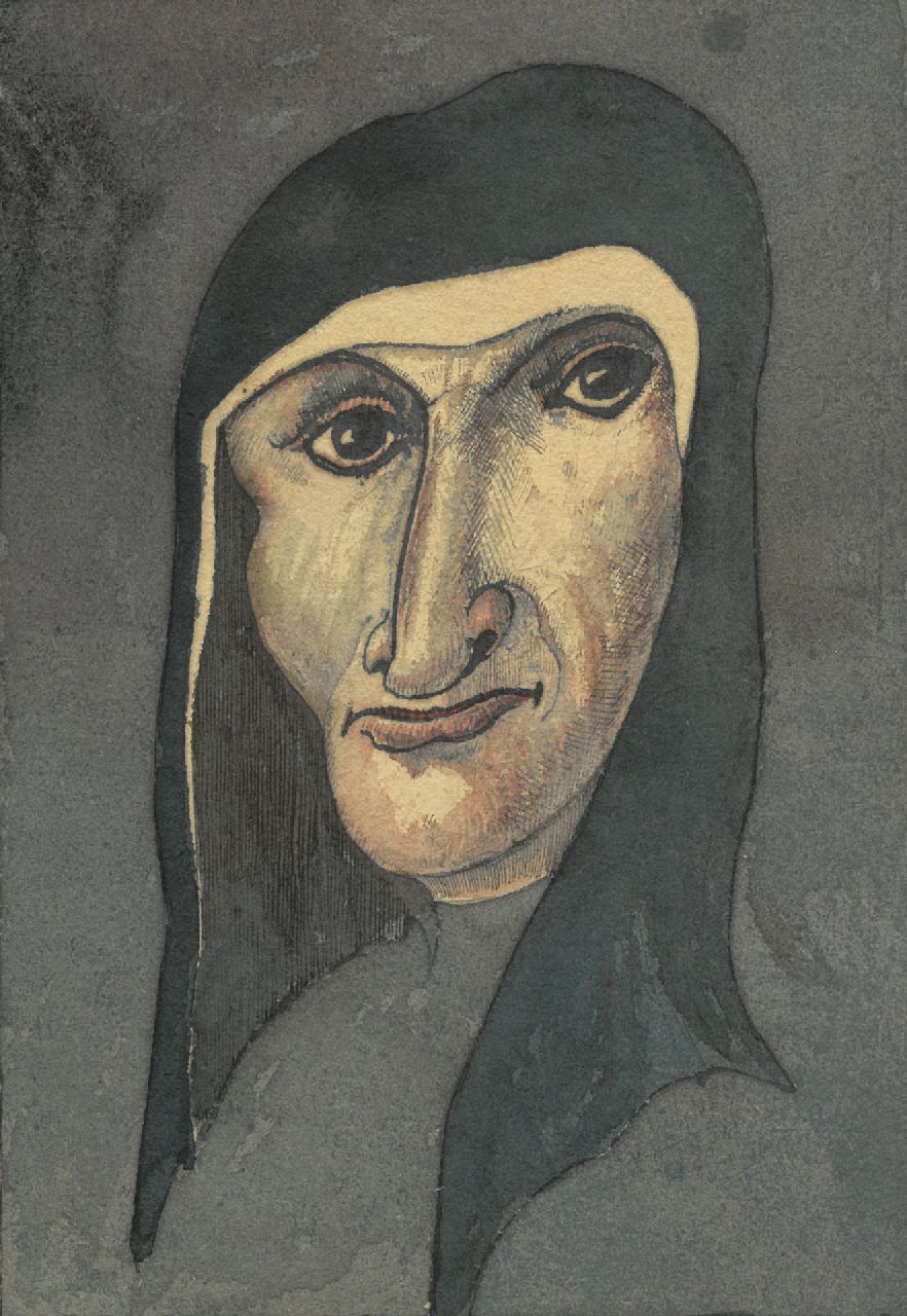 Schnell G. van | Gabriel van Schnell | Watercolours and drawings offered for sale | Portrait study of a women in a headdress, ink and watercolour on paper 17.0 x 11.5 cm, without frame