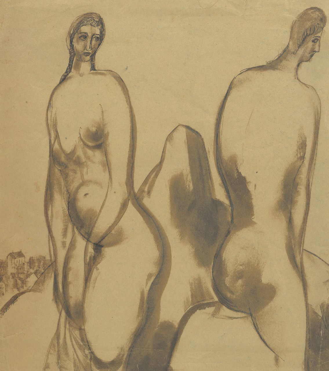 Schnell G. van | Gabriel van Schnell | Watercolours and drawings offered for sale | Study of two naked women, washed ink and watercolour on paper 28.6 x 27.7 cm, signed l.l. and dated 1935, without frame