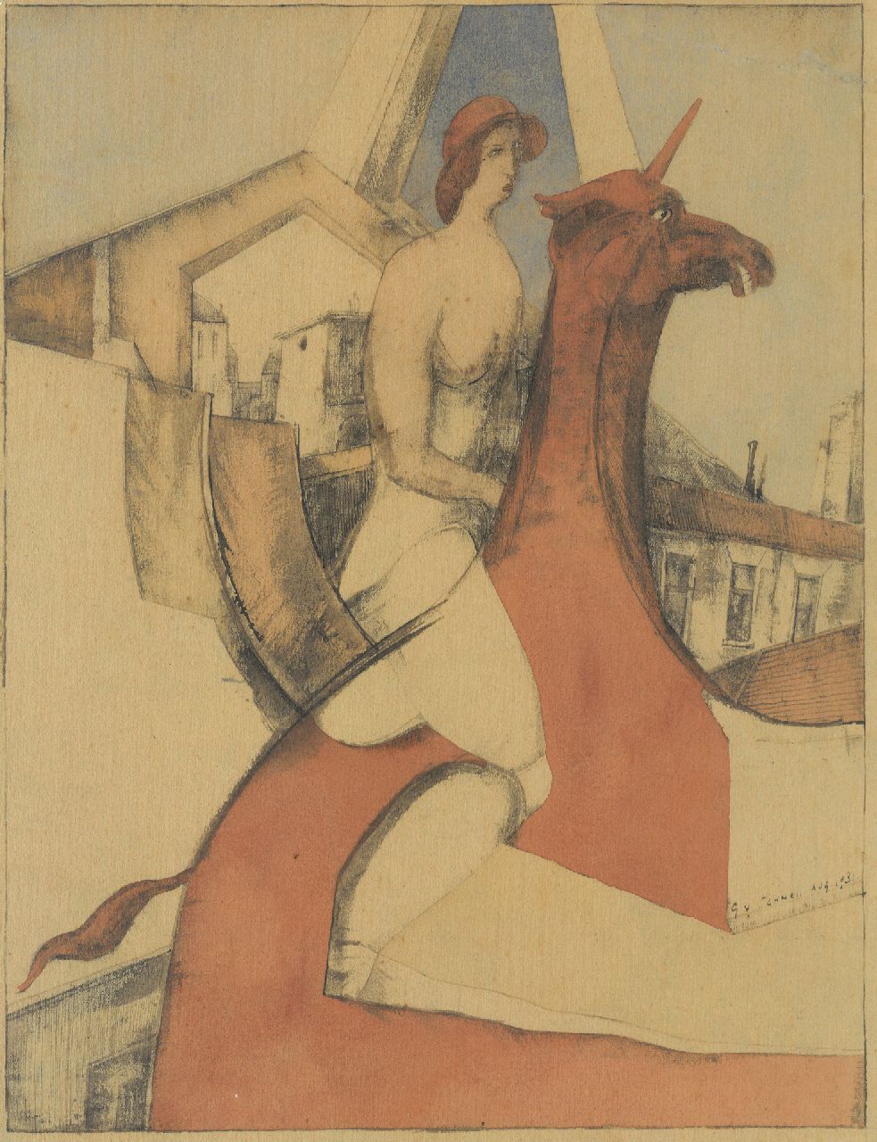 Schnell G. van | Gabriel van Schnell |  offered for sale | Female nude on a unicorn, pencil and watercolour on paper on board 34.7 x 26.7 cm, signed l.r. and Aug. 1931, without frame