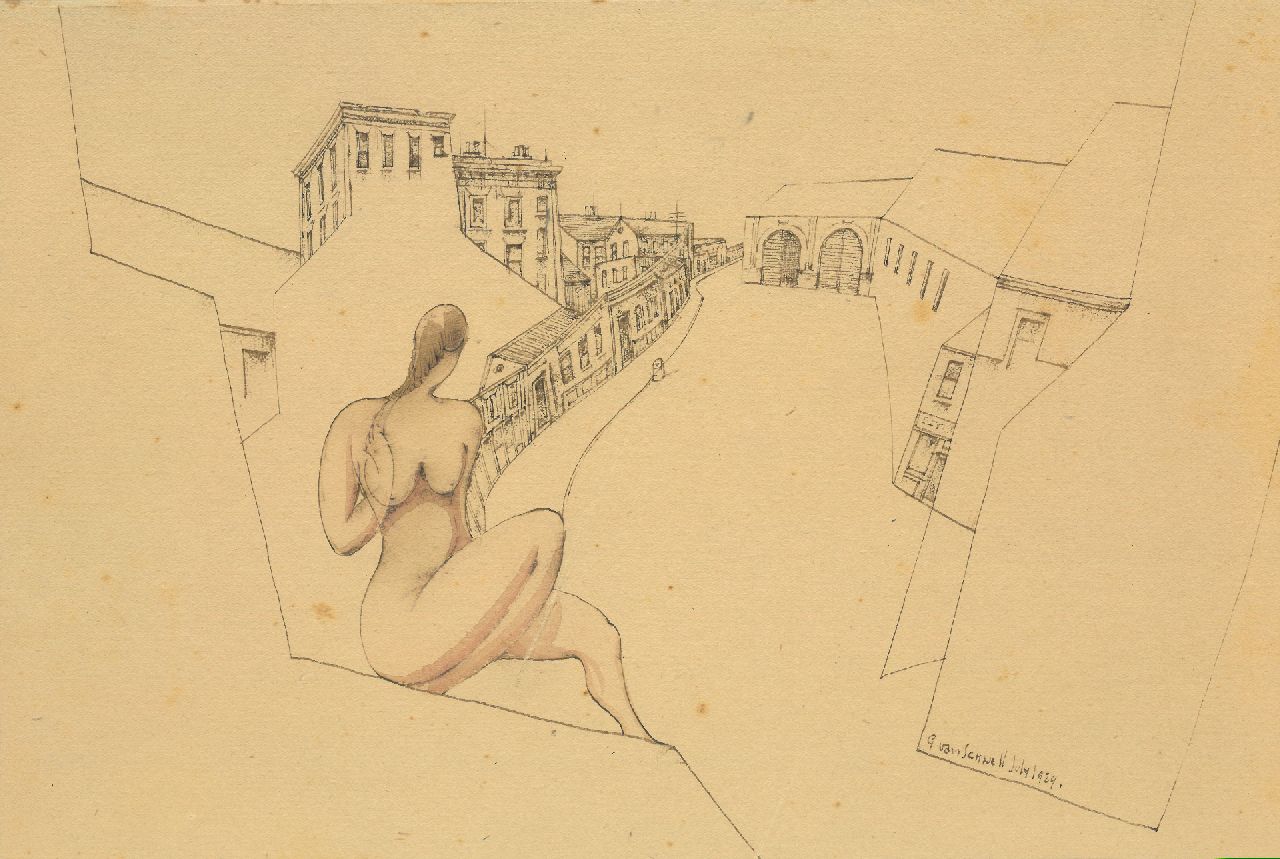 Schnell G. van | Gabriel van Schnell | Watercolours and drawings offered for sale | Study of a female nude in front of a city, ink and watercolour on paper on board 24.0 x 35.7 cm, signed l.r. and dated 'July 1929', without frame