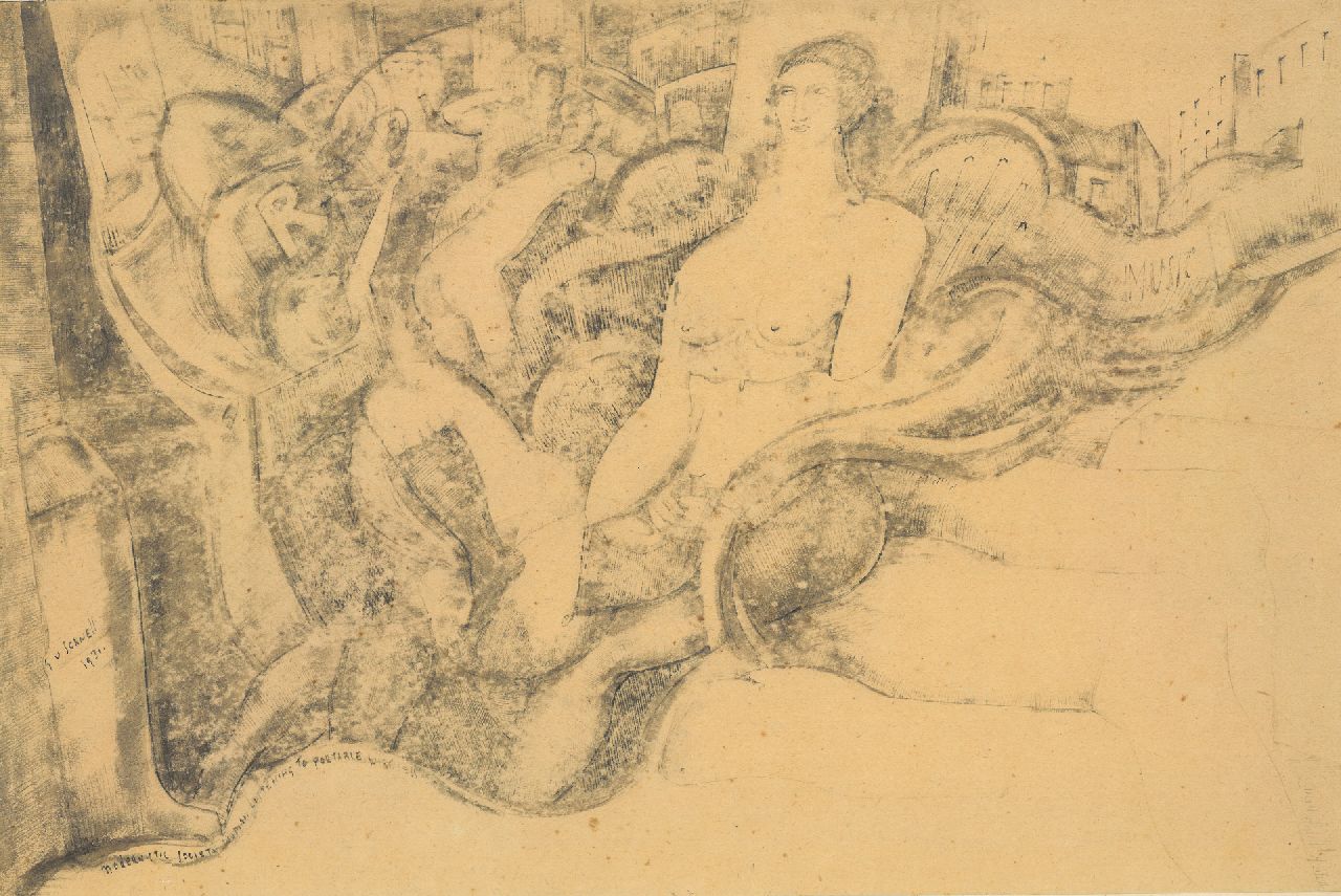 Schnell G. van | Gabriel van Schnell | Watercolours and drawings offered for sale | 'Modernistic society woman listening to portable wireless', pencil and ink on paper 26.9 x 39.8 cm, signed l.l. and dated 1931