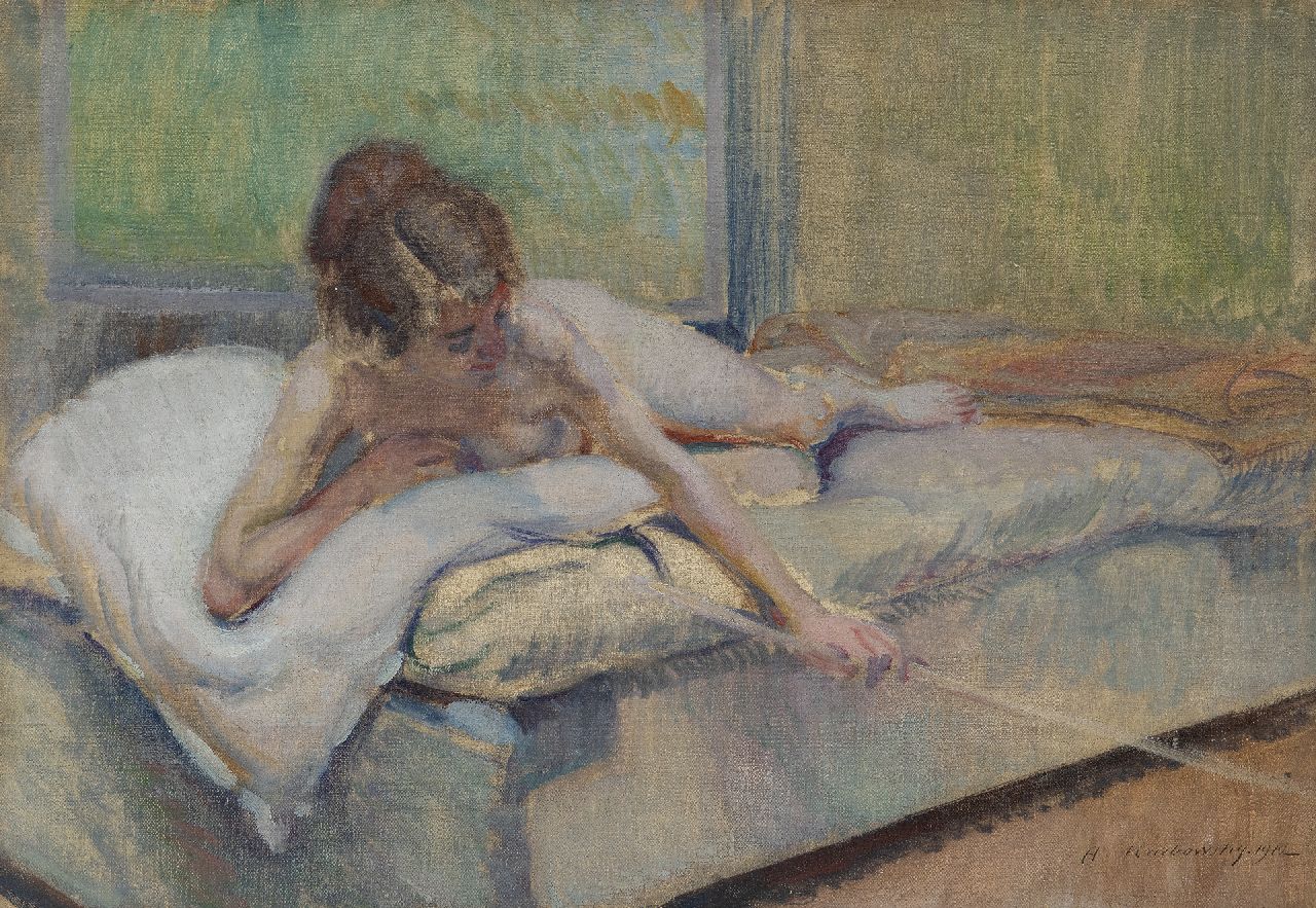 Adrien Karbowsky | Female nude on a bed, oil on canvas, 38.3 x 55.1 cm, signed l.r. and dated 1912