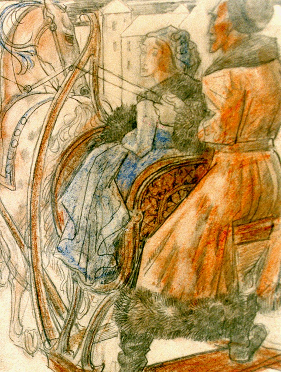 Konijnenburg W.A. van | Willem Adriaan van Konijnenburg, Horse-sledge, mixed media on paper 11.5 x 9.0 cm, signed with monogram l.c.