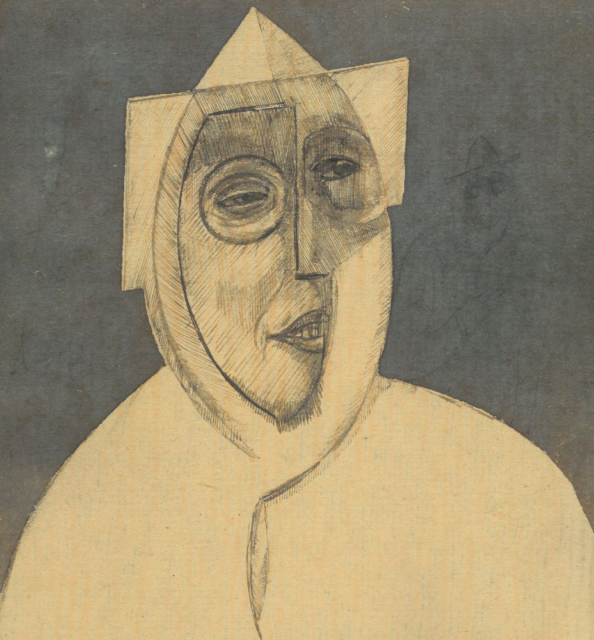 Schnell G. van | Gabriel van Schnell | Watercolours and drawings offered for sale | Cubist portrait of a man with hat, ink and watercolour on paper 19.3 x 17.6 cm, without frame