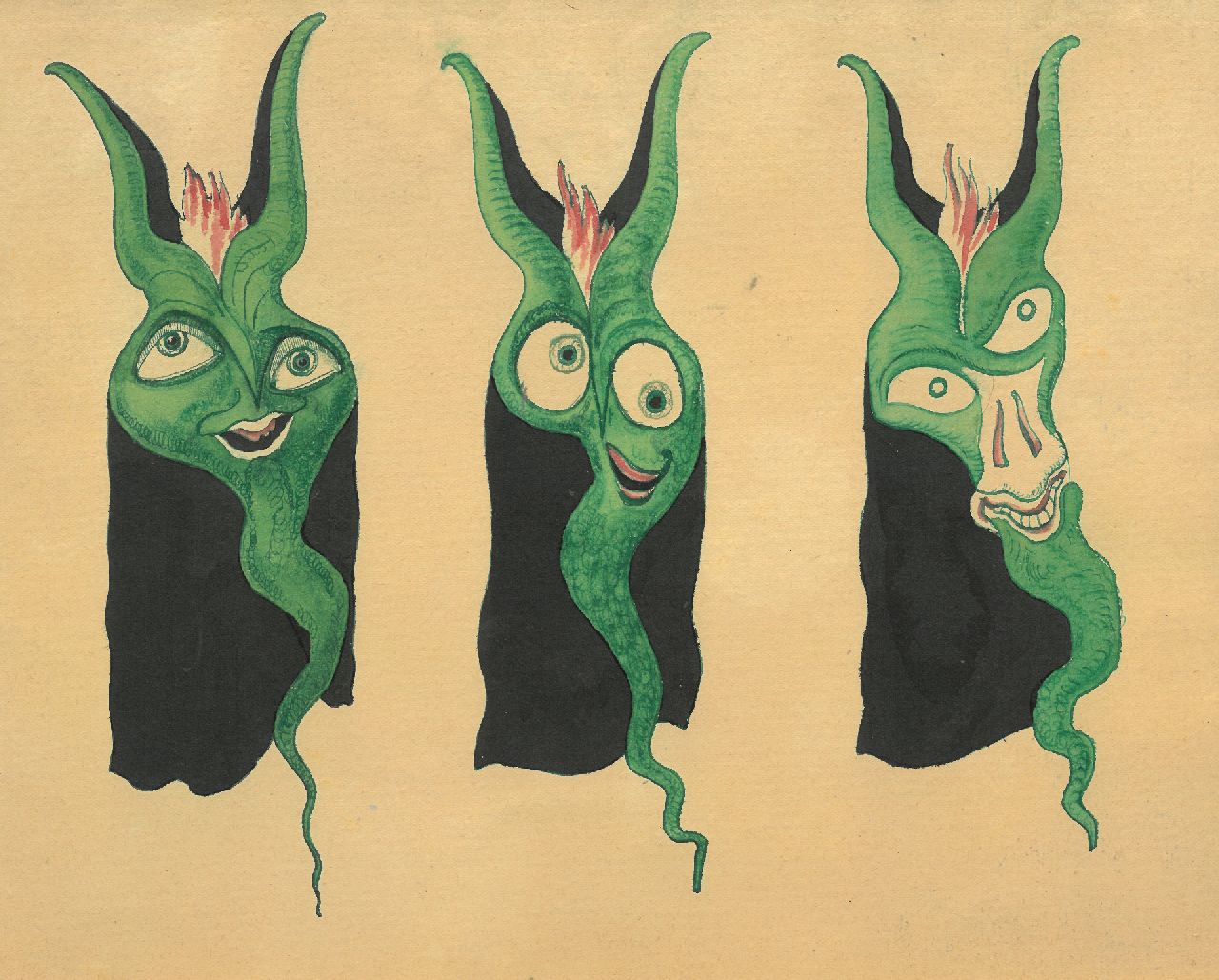 Schnell G. van | Gabriel van Schnell | Watercolours and drawings offered for sale | Three Fantasy grotesques I, ink and watercolour on paper on board 24.6 x 30.3 cm, without frame