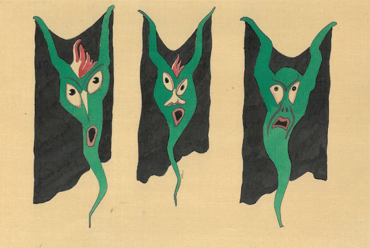Schnell G. van | Gabriel van Schnell | Watercolours and drawings offered for sale | Three fantasy grotesques II, ink and watercolour on paper 20.5 x 29.6 cm, without frame