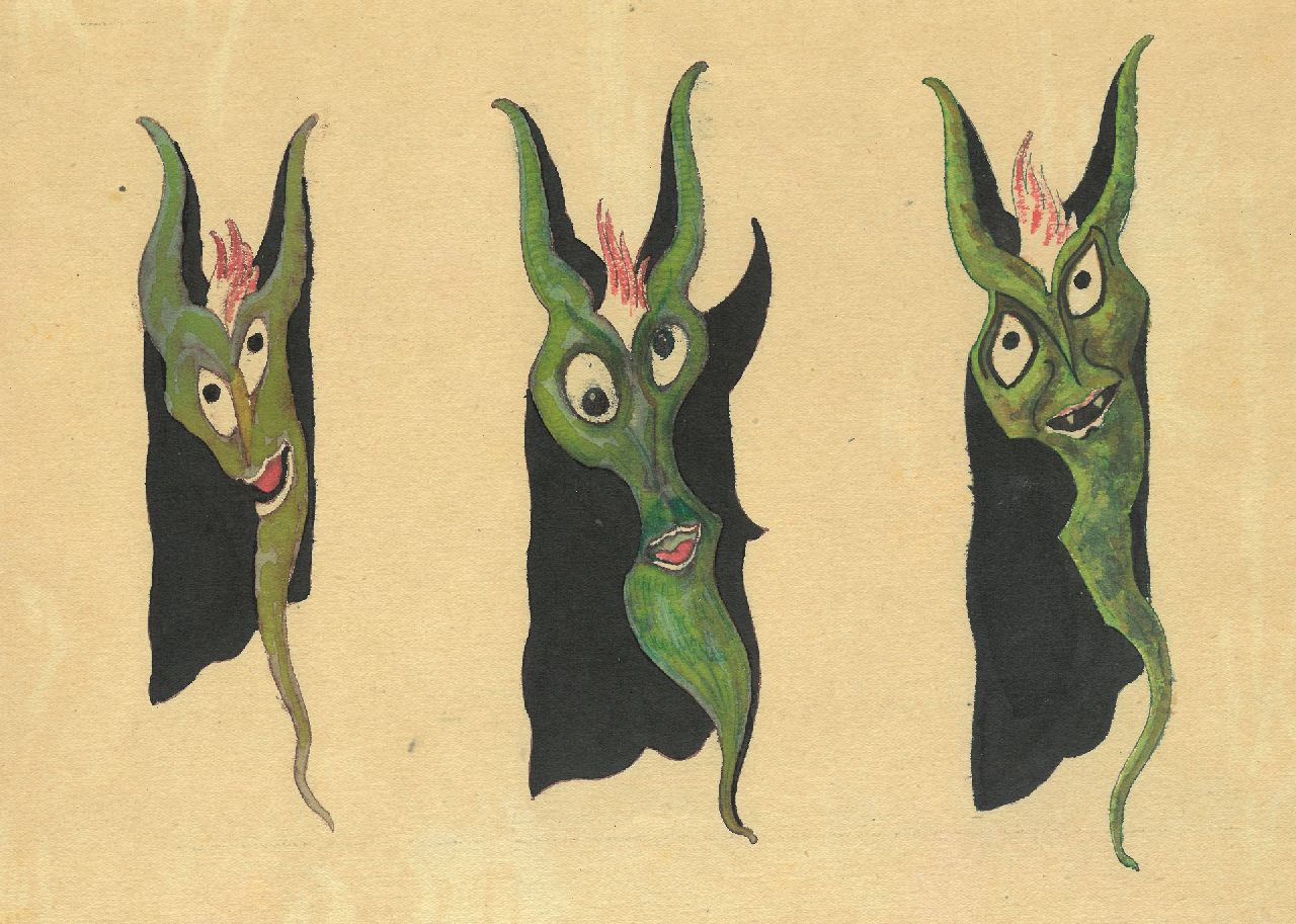 Schnell G. van | Gabriel van Schnell | Watercolours and drawings offered for sale | Three fantasy grotesques III, ink and watercolour on paper 21.9 x 30.7 cm, without frame