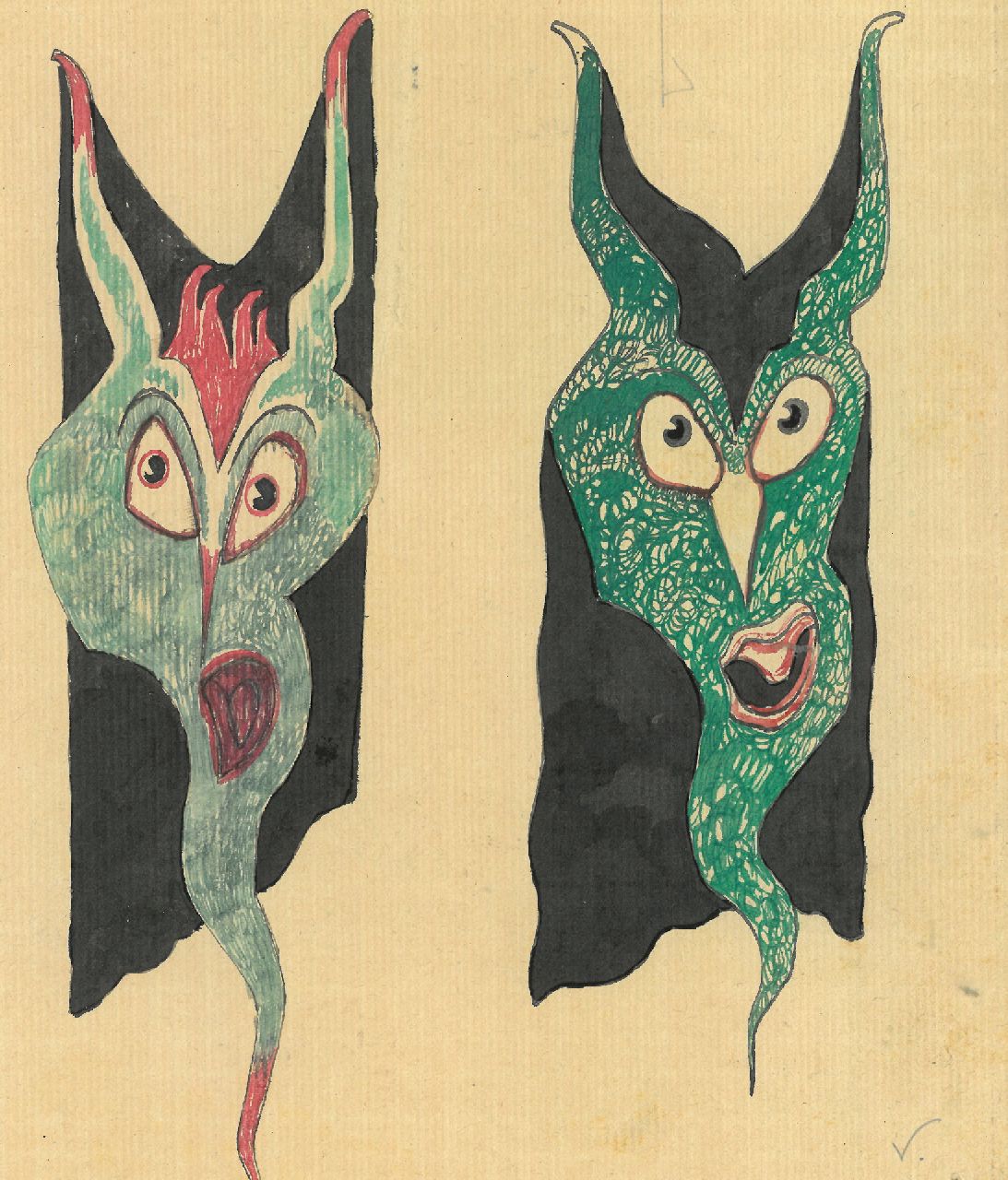 Schnell G. van | Gabriel van Schnell | Watercolours and drawings offered for sale | Two fantasy grotesques II, ink and watercolour on paper 20.1 x 16.8 cm, without frame
