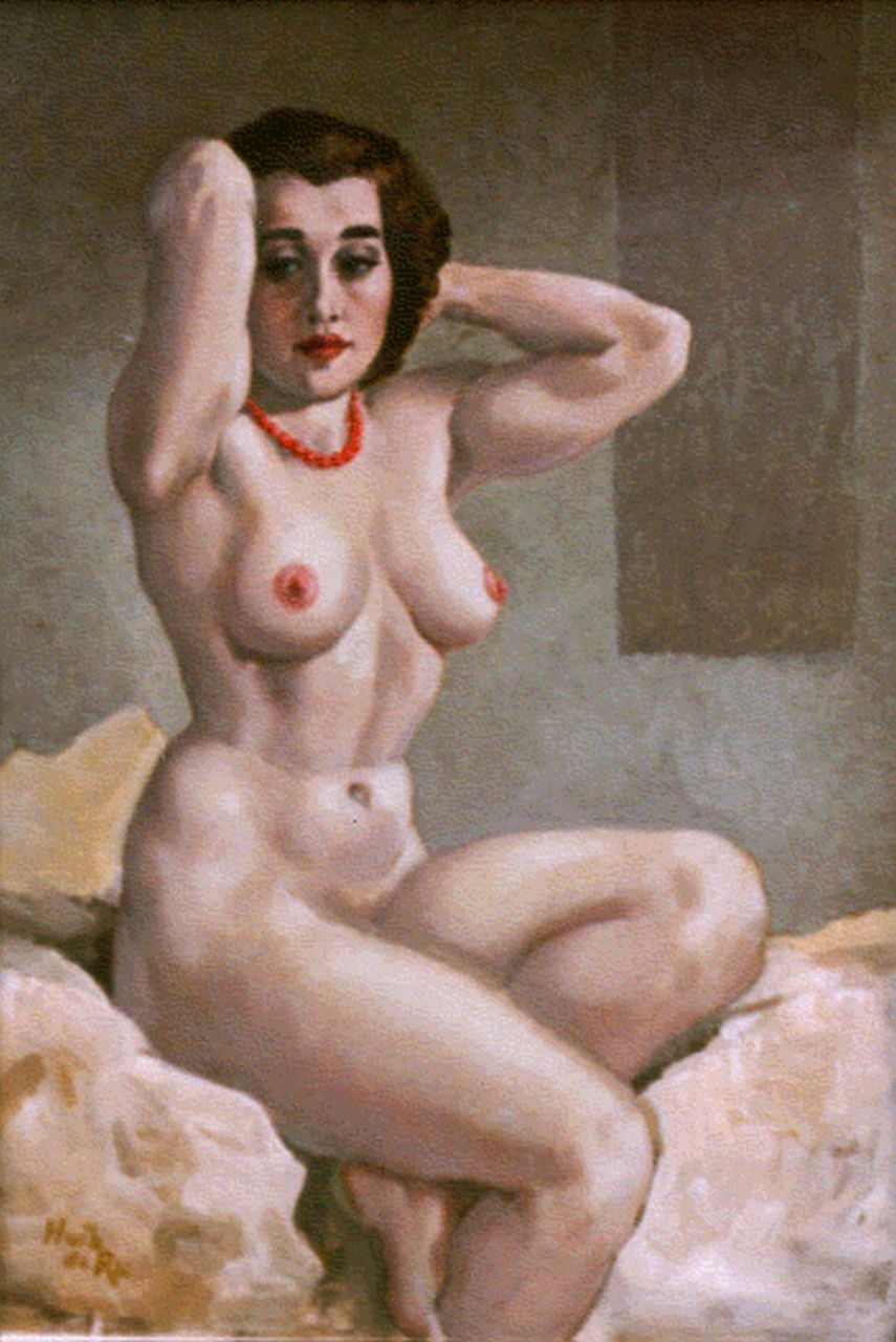 Ru H.B.W. de | Huibert Bernardus Wilhelmus 'Huib' de Ru, A seated nude, oil on panel 40.0 x 28.2 cm, signed l.l.