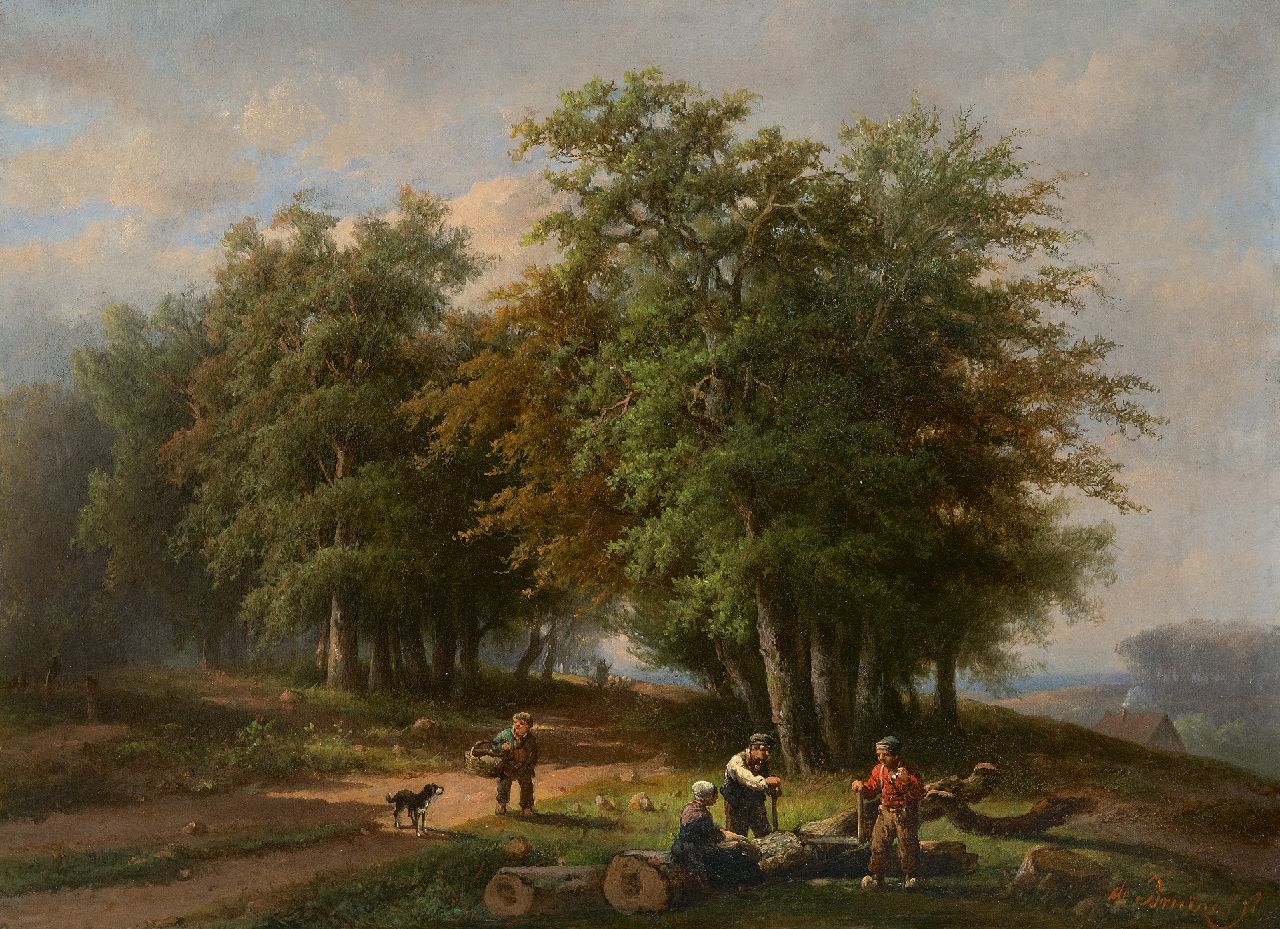 Adrianus Hendrikus de Bruïne | Lumberjacks and country folk on a forest path, oil on canvas, 35.8 x 47.9 cm, signed l.r.