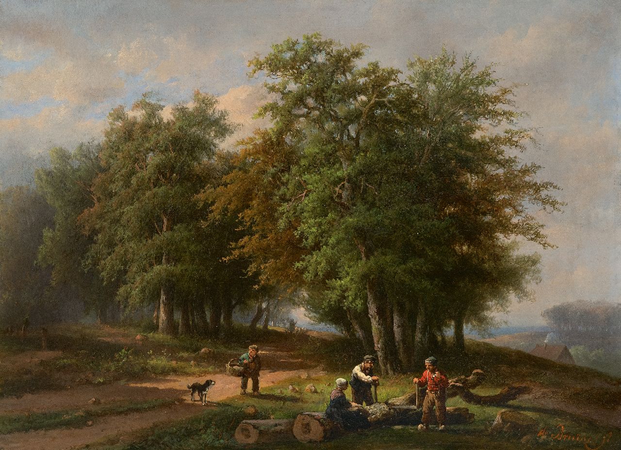 Bruïne A.H. de | Adrianus Hendrikus de Bruïne | Paintings offered for sale | Lumberjacks and country folk on a forest path, oil on canvas 35.8 x 47.9 cm, signed l.r. and without frame