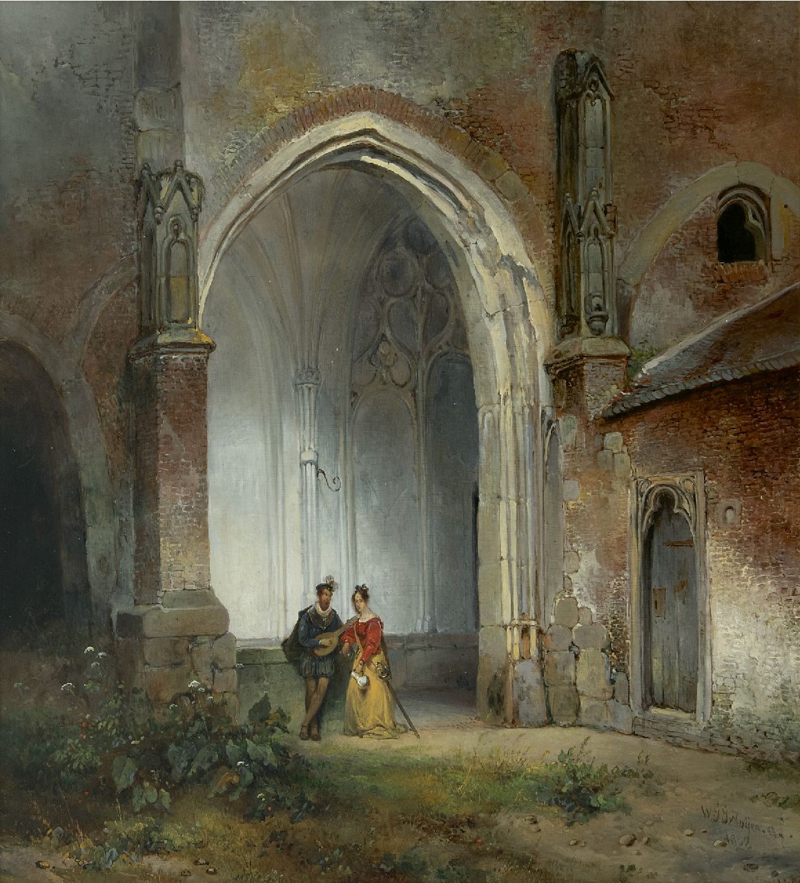 Nuijen W.J.J.  | Wijnandus Johannes Josephus 'Wijnand' Nuijen | Paintings offered for sale | A man and woman in the cloister of the Dom Church in Utrecht, oil on panel 49.0 x 44.8 cm, signed l.r. and dated 1832