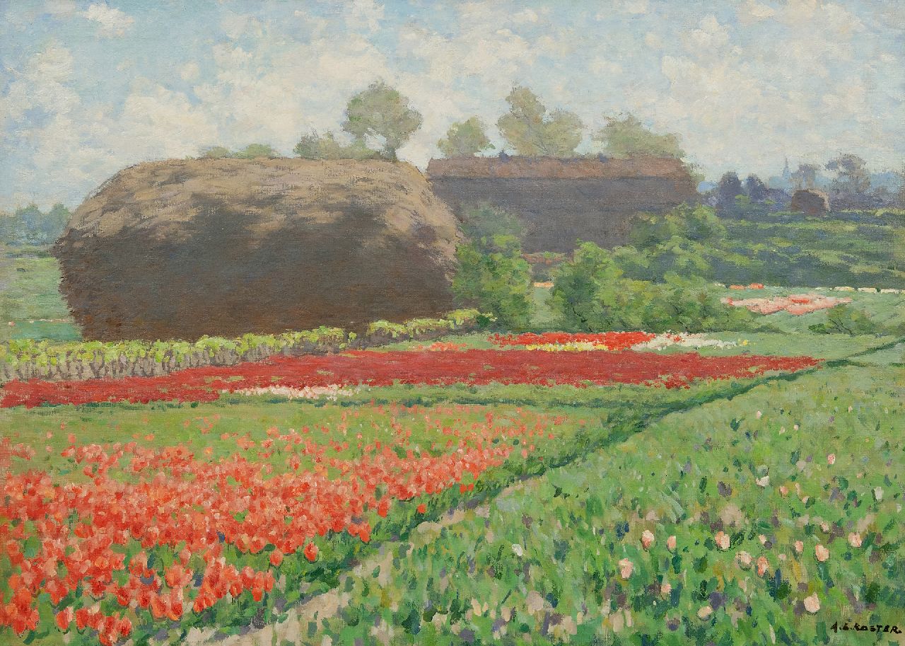 Koster A.L.  | Anton Louis 'Anton L.' Koster, Late tulips and a reed stack near Bennebroek, oil on canvas 50.6 x 70.5 cm, signed l.r.