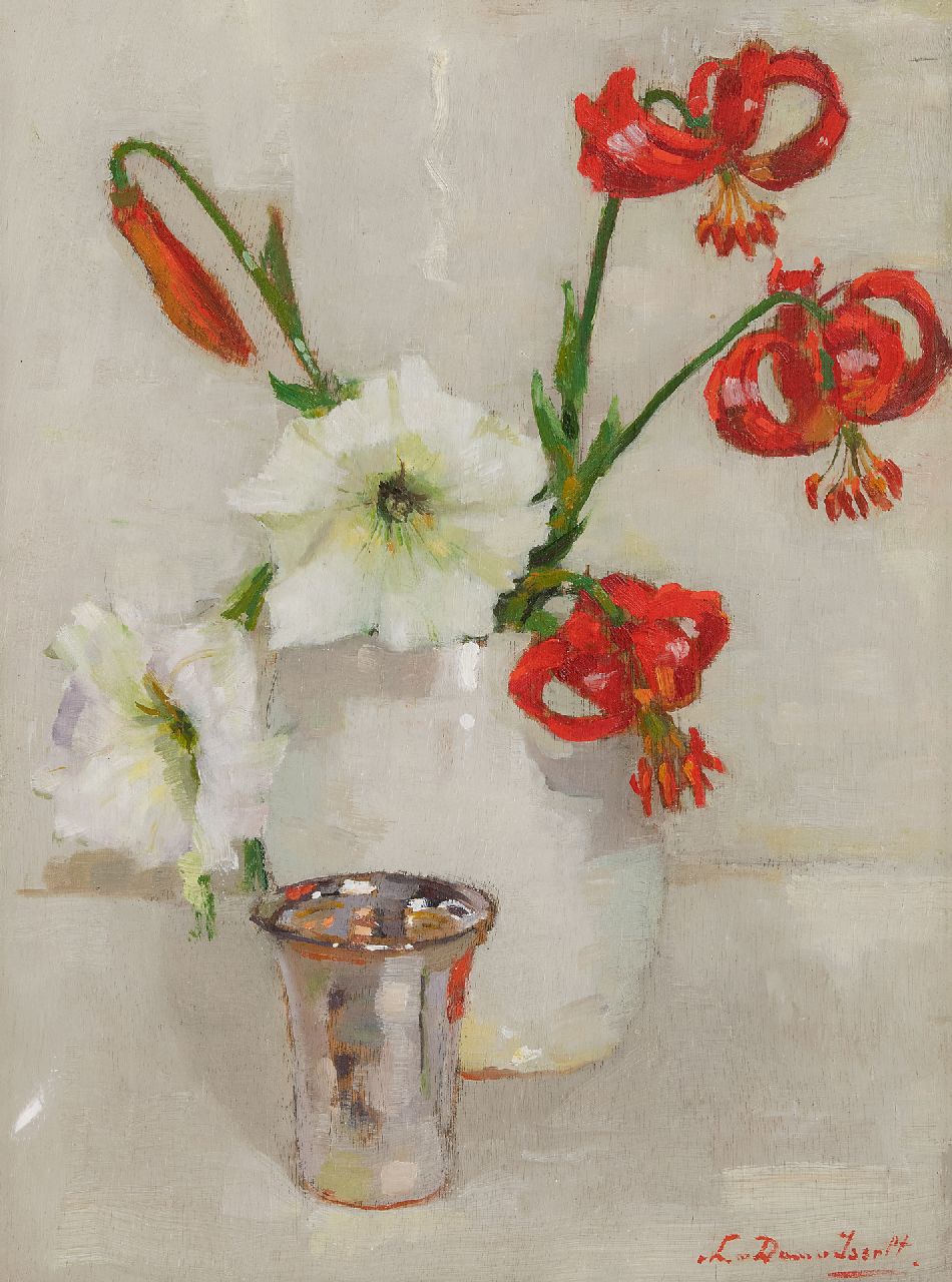 Dam van Isselt L. van | Lucie van Dam van Isselt, Red lillies, oil on panel 40.2 x 30.1 cm, signed l.r. and painted ca. 1930