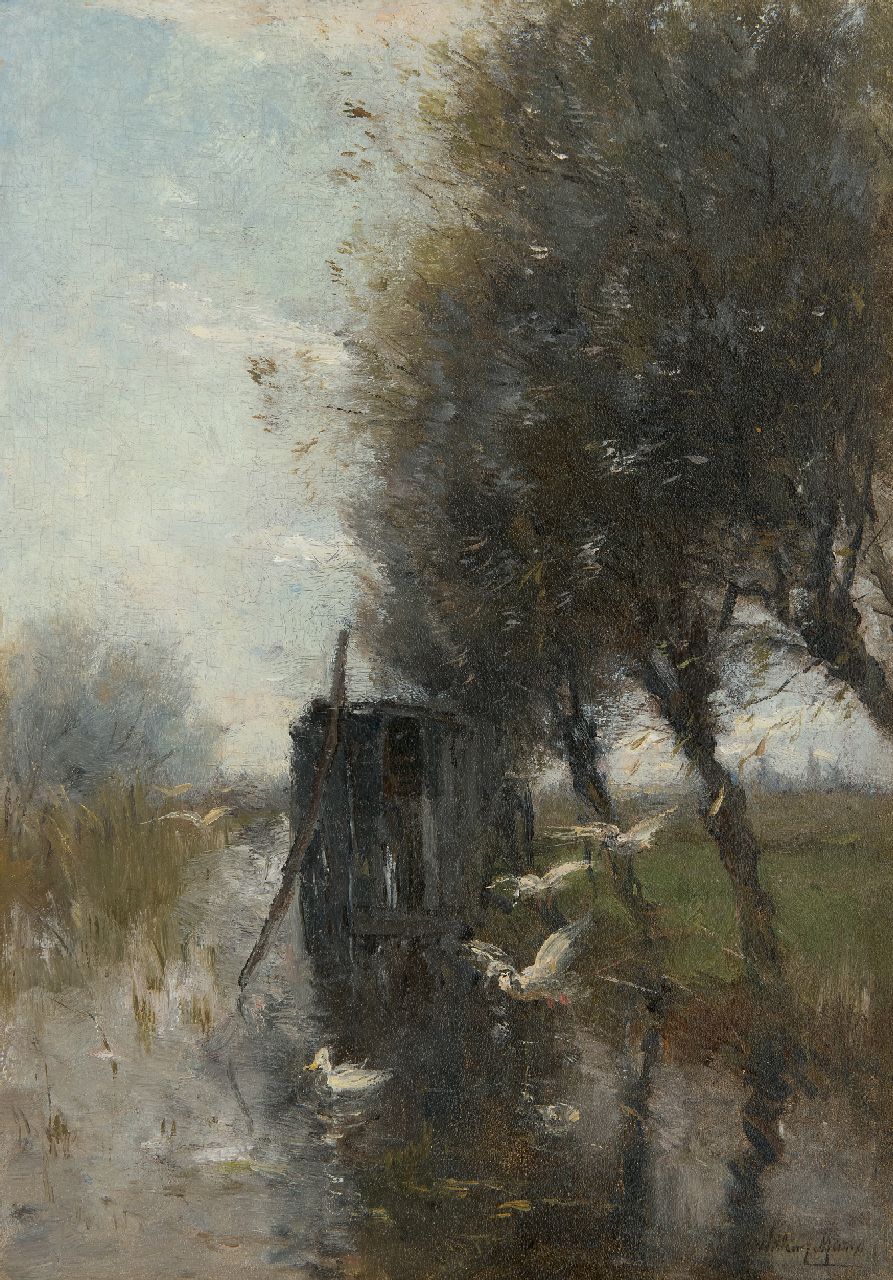 Maris W.  | Willem Maris | Paintings offered for sale | Ducks settling down on a polder canal, oil on panel 36.6 x 25.7 cm, signed l.r.