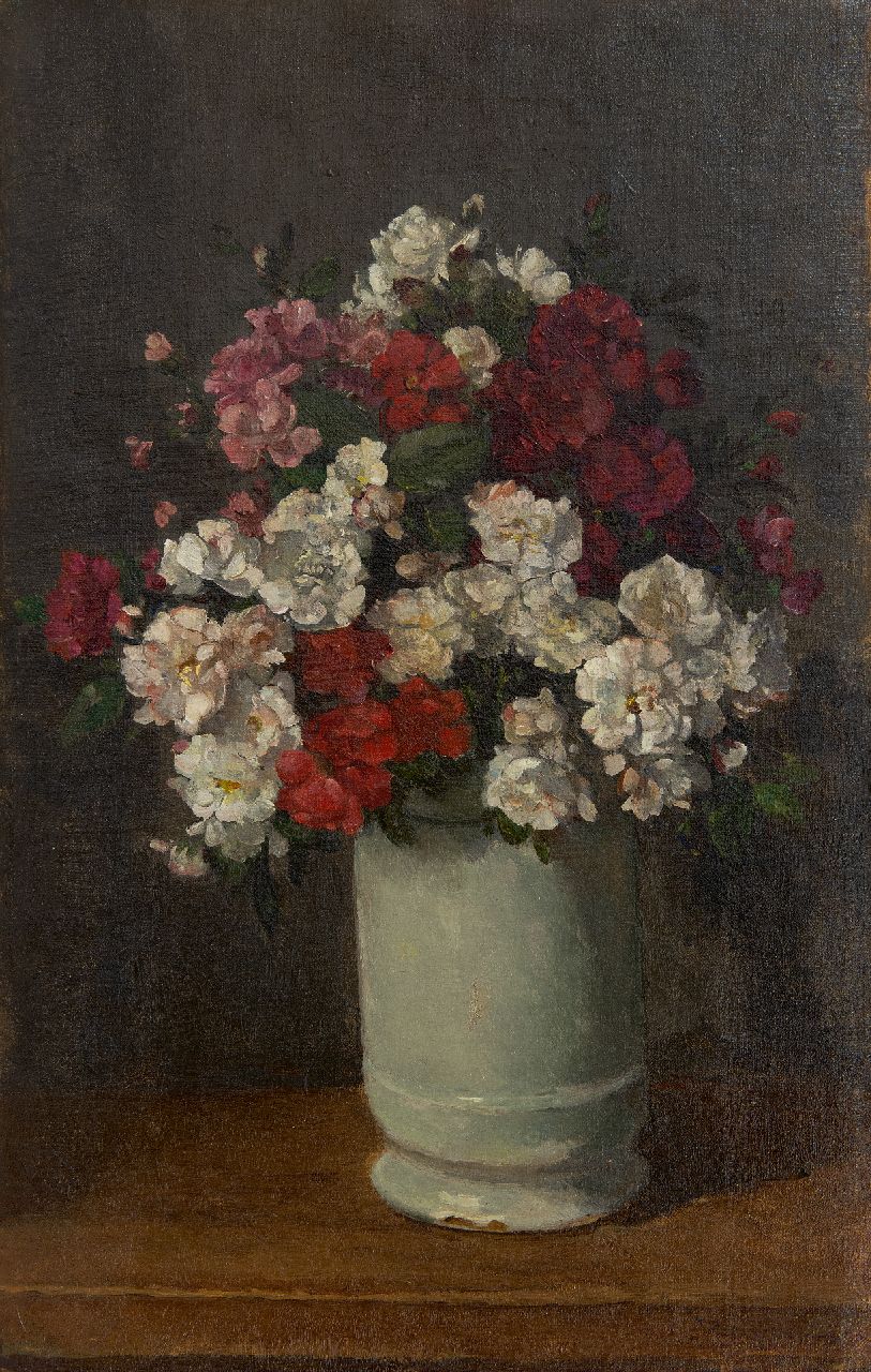Akkeringa J.E.H.  | 'Johannes Evert' Hendrik Akkeringa | Paintings offered for sale | Sprey roses in a white vase, oil on canvas 45.8 x 29.2 cm, signed l.r.