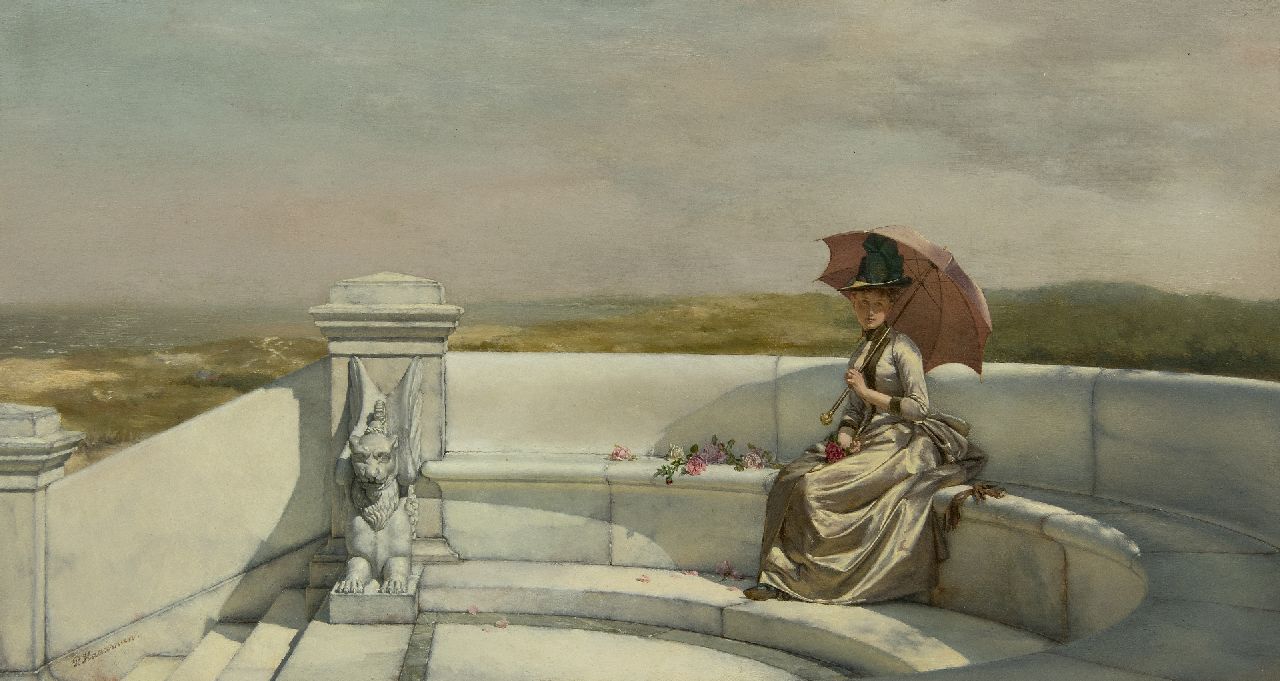 Haaxman P.A.  | Pieter Alardus Haaxman | Paintings offered for sale | Young woman on a marble garden bench in a Dutch dune landscape, oil on panel 23.5 x 43.1 cm, signed l.l.