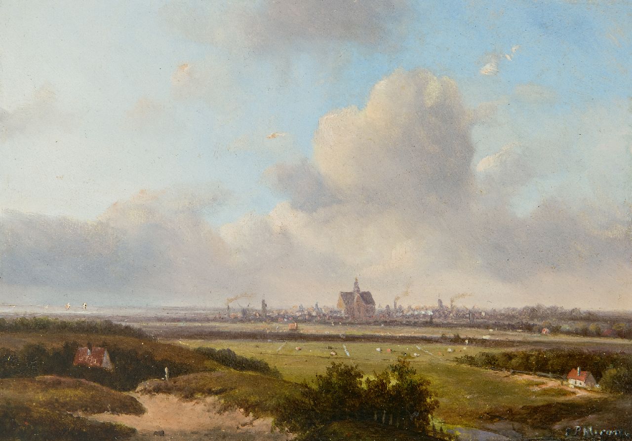 Mirani E.B.G.P.  | 'Everardus' Benedictus Gregorius Pagano Mirani | Paintings offered for sale | Panoramic landscape with Haarlem and the Haarlemmermeer  in the distance, oil on panel 13.0 x 18.0 cm, signed l.r.