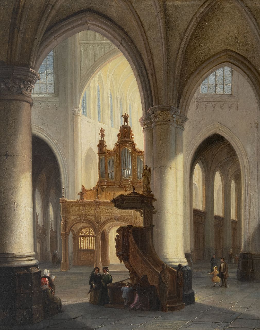 Tetar van Elven J.B.  | Jan 'Johannes' Baptist Tetar van Elven | Paintings offered for sale | A church interior with figures, oil on panel 36.8 x 29.7 cm, signed l.l. with initials and out full on the reverse