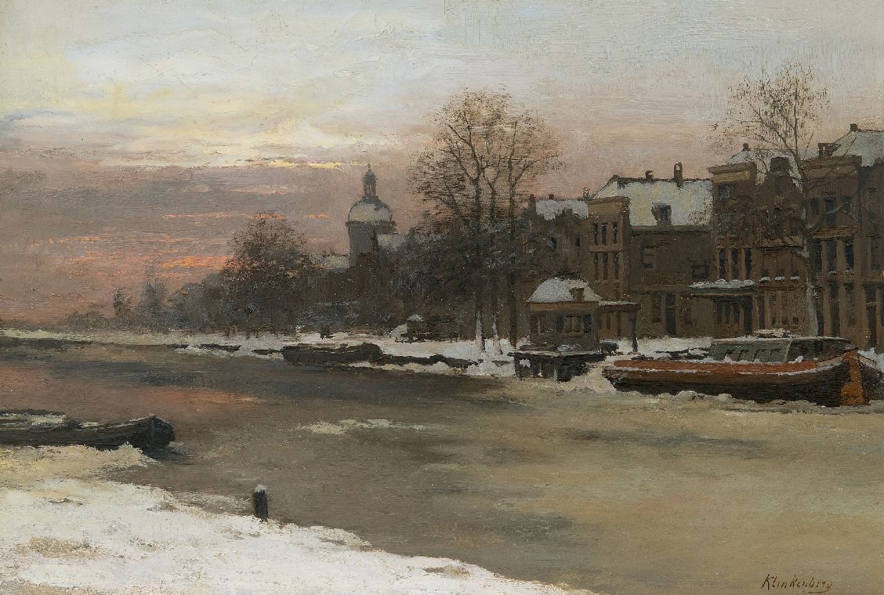 Klinkenberg J.C.K.  | Johannes Christiaan Karel Klinkenberg |  offered for sale | A Dutch canal in winter, oil on glass 30.3 x 45.2 cm, signed l.r.