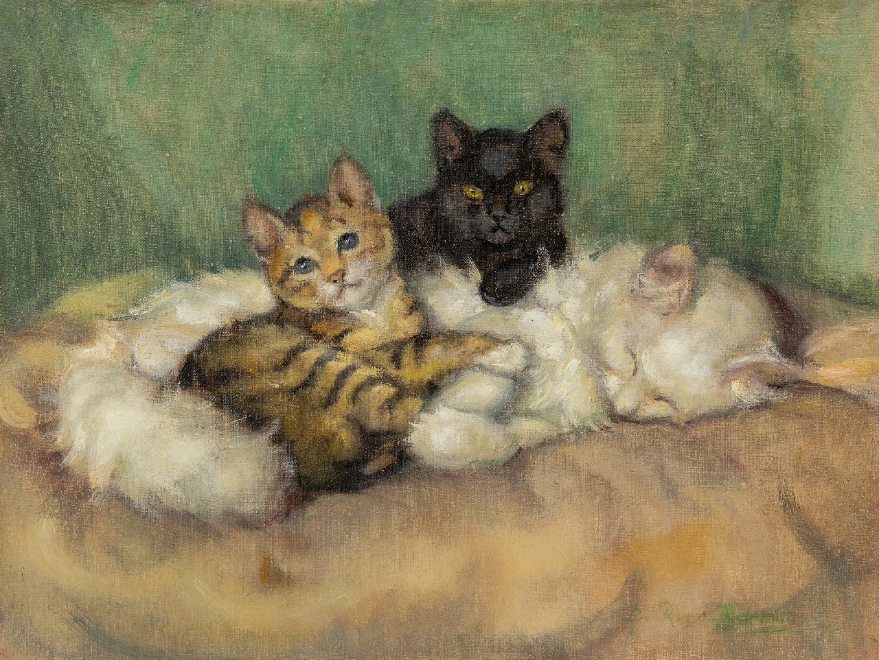 Tijdeman E.M.  | Ernestine Marie 'Dé' Tijdeman | Paintings offered for sale | Mother and two kittens, oil on canvas 30.5 x 40.5 cm, signed l.r.