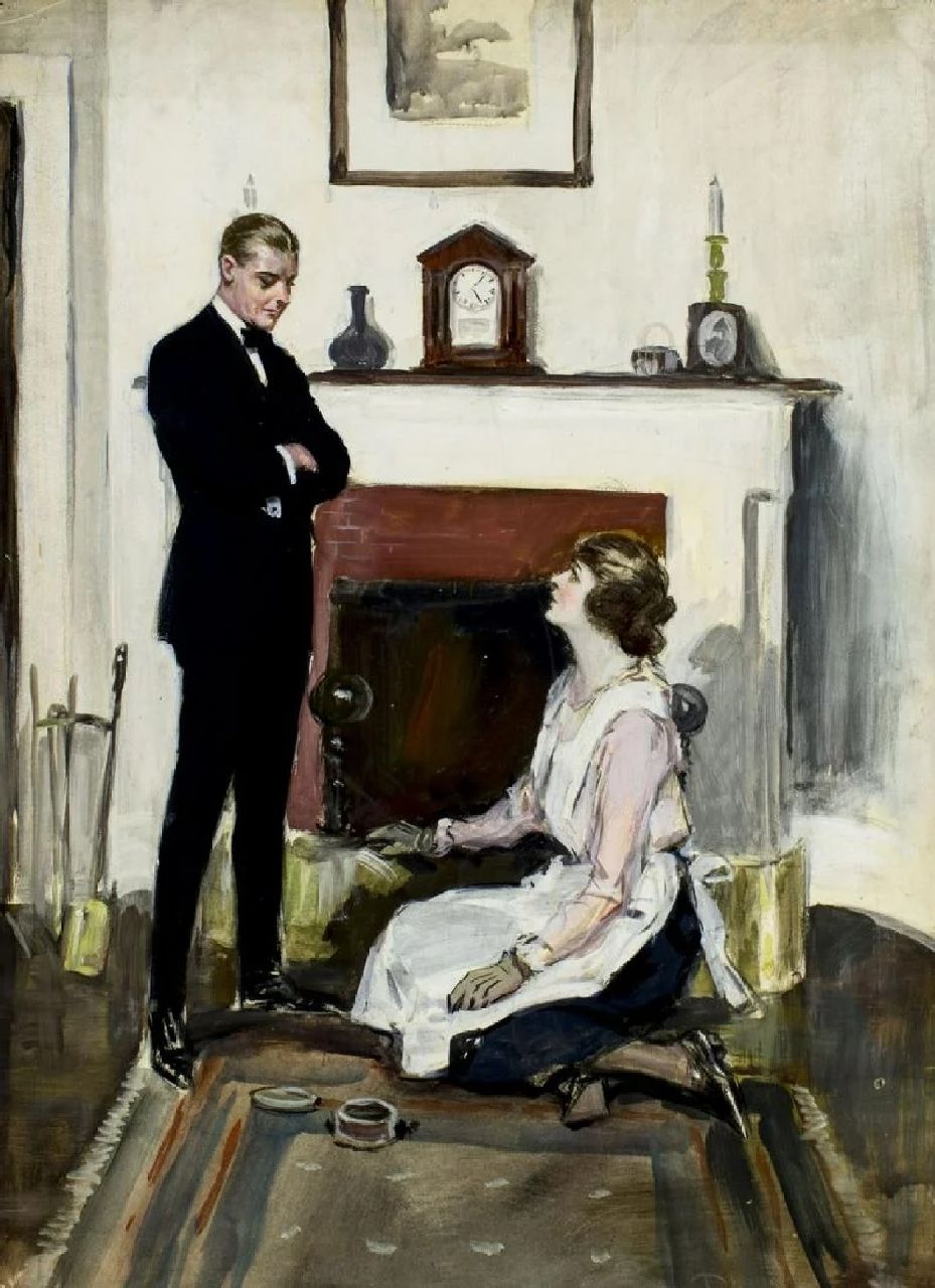 Clarence Underwood | Gentleman and housemaid, gouache on board, 76.0 x 55.3 cm, signed l.r.