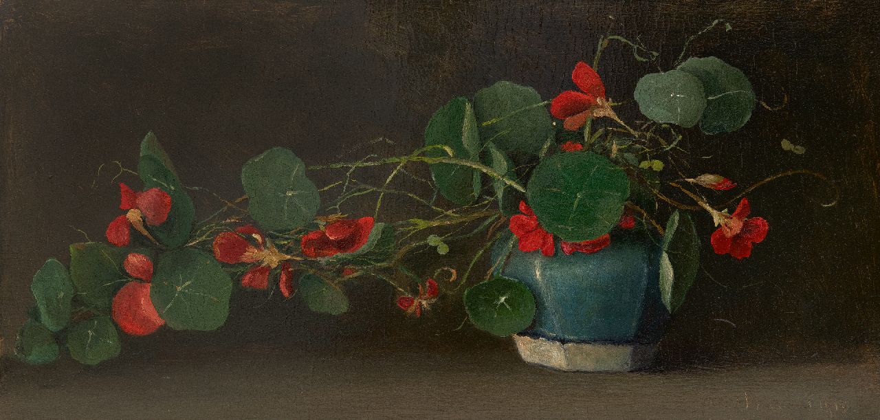 Bommel J.M. van | Jacobus Marinus van Bommel, Indian Cress in a ginger pot, oil on panel 22.3 x 44.1 cm, signed l.r. and dated 1918