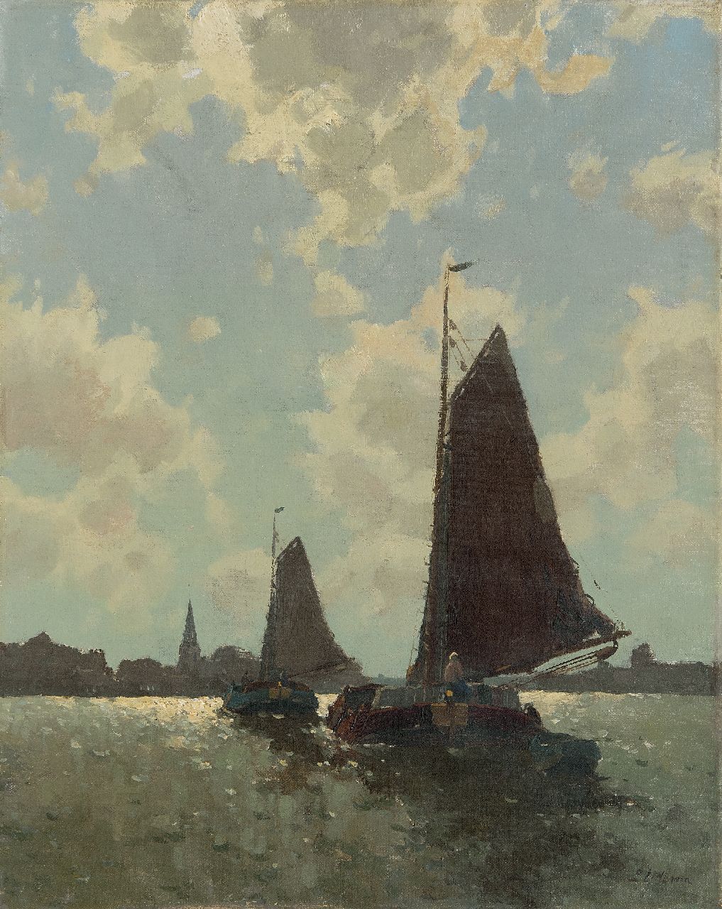 Ydema E.  | Egnatius Ydema, Two barges in backlight near Eernewoude, oil on canvas 50.5 x 40.3 cm, signed l.r.