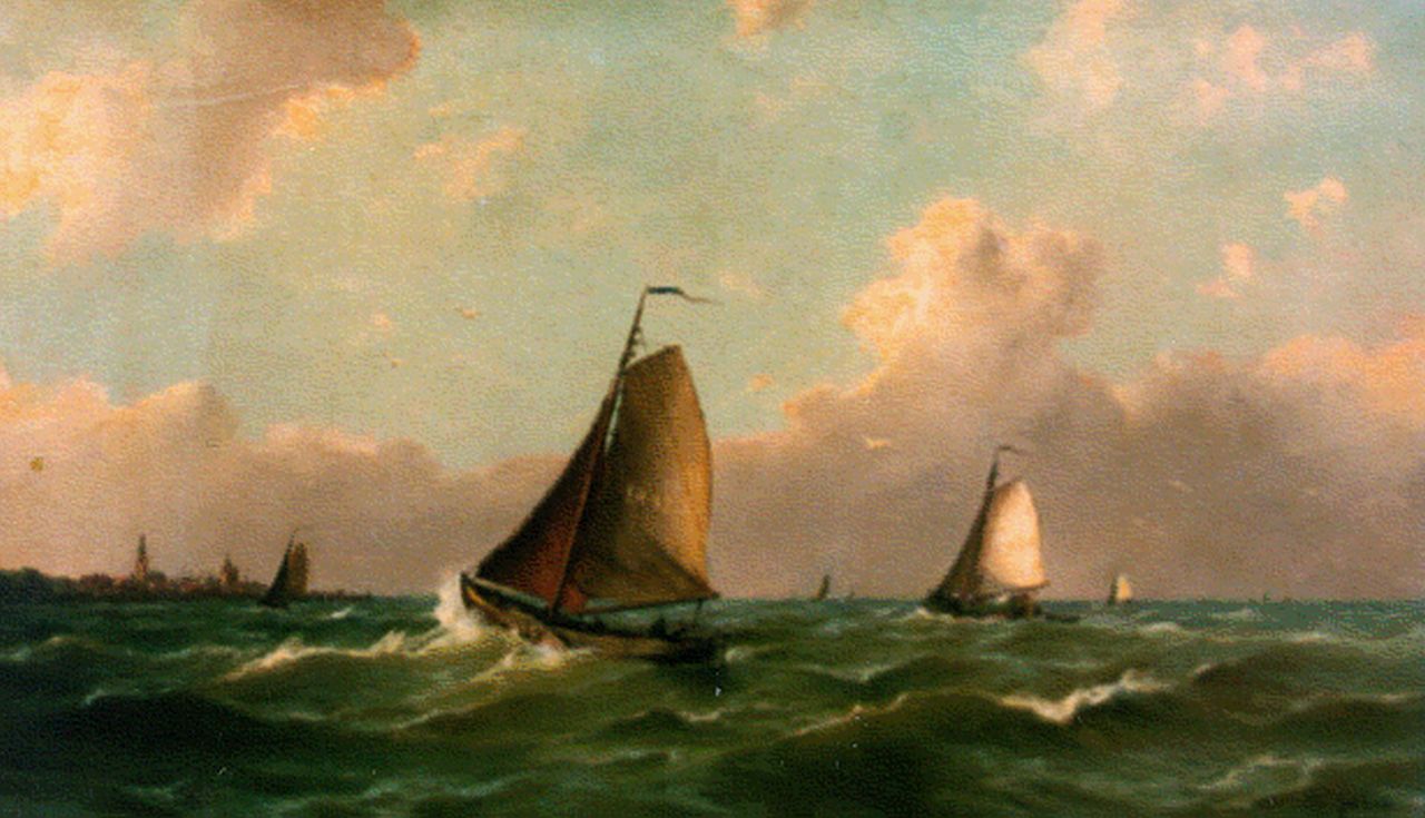 Linde J. van der | Jan van der Linde, Shipping on choppy waters, Enkhuizen in the distance, oil on canvas 60.2 x 100.0 cm, signed l.r.
