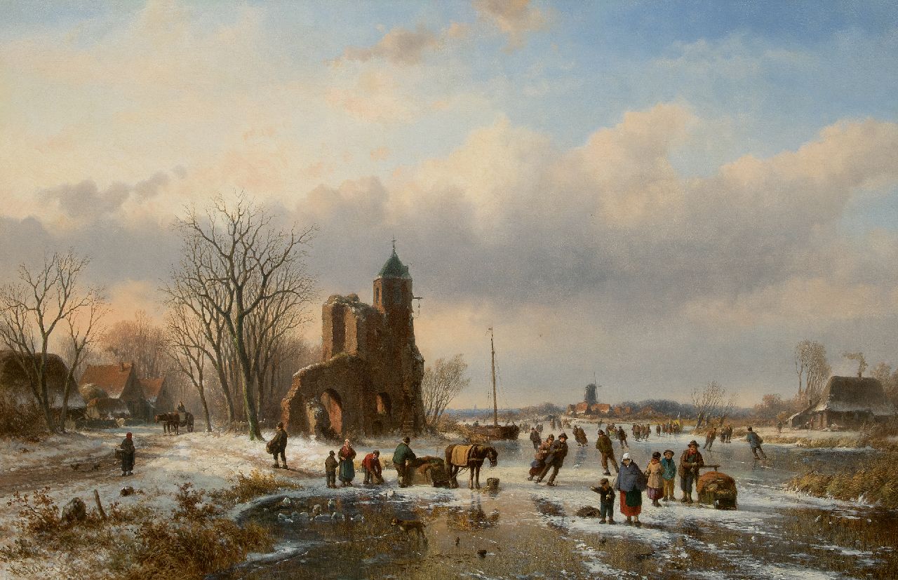 Vester W.  | Willem Vester, Skaters on the ice near a castle ruin, oil on canvas 82.1 x 124.8 cm, signed l.l.