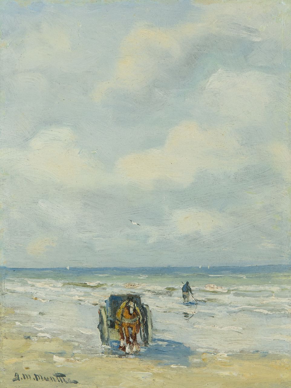 Munthe G.A.L.  | Gerhard Arij Ludwig 'Morgenstjerne' Munthe, Fishing mussels in the surf, oil on painter's board 19.9 x 14.9 cm, signed l.l.