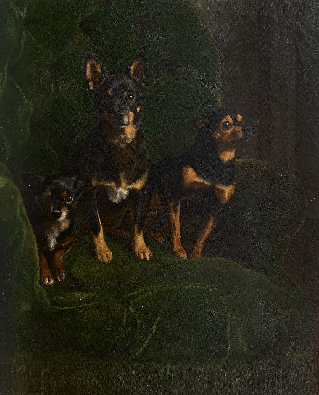 August Le Gras | Three dwarf pinchers in a green chair, oil on canvas, 81.2 x 65.5 cm, signed c.r. and dated 1888