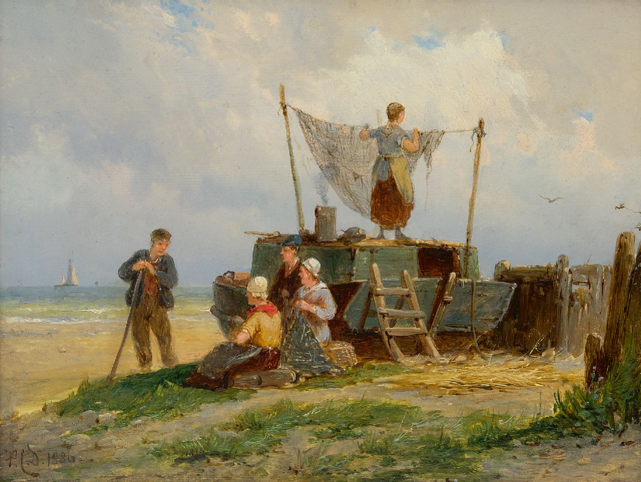 Dommershuijzen P.C.  | Pieter Cornelis Dommershuijzen, Fisherfolk drying the nest, oil on panel 15.0 x 20.2 cm, signed l.l. with initials and dated 1886
