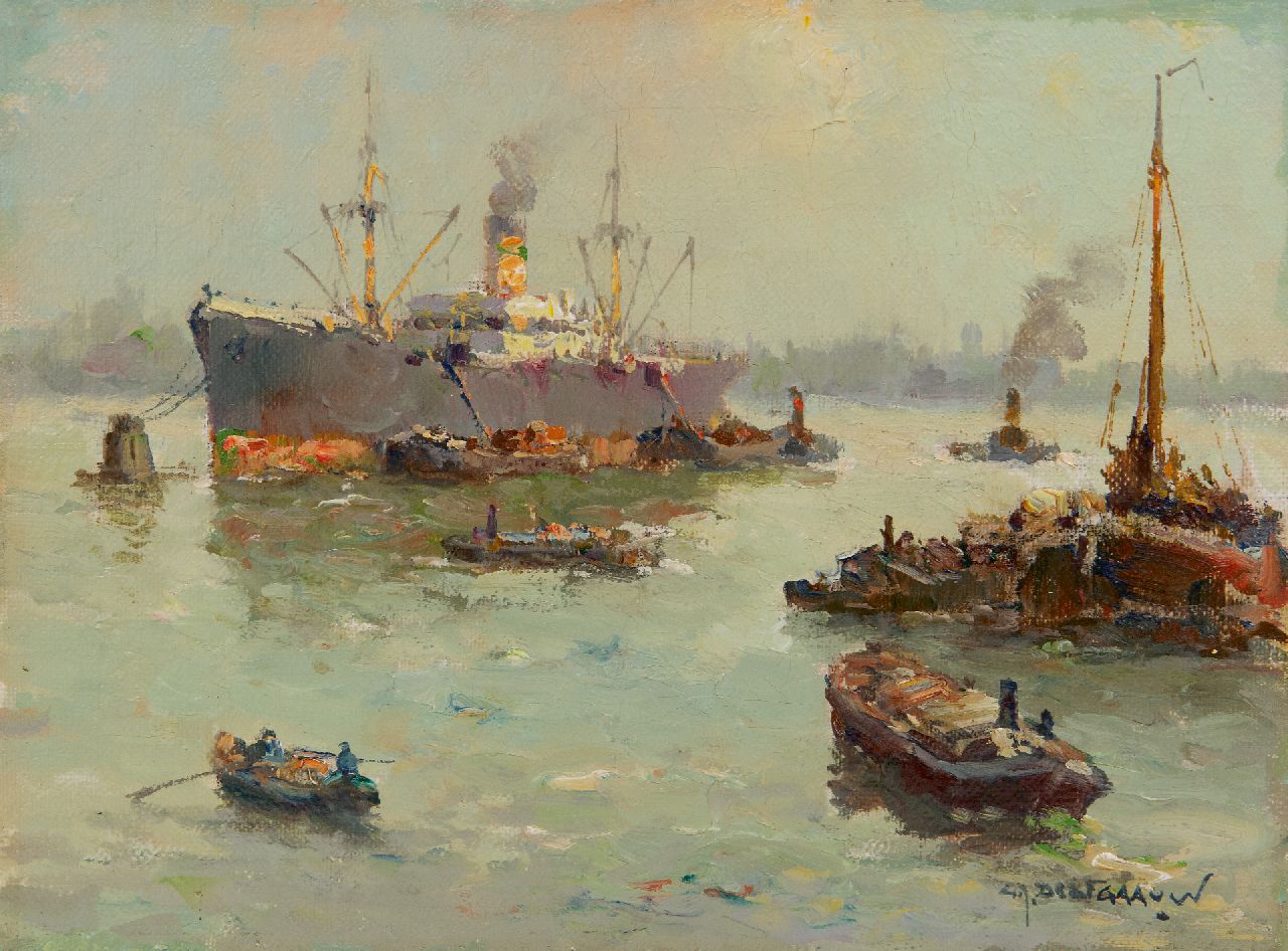 Delfgaauw G.J.  | Gerardus Johannes 'Gerard' Delfgaauw, Shipping at Rotterdam, oil on canvas 18.8 x 24.7 cm, signed l.r.