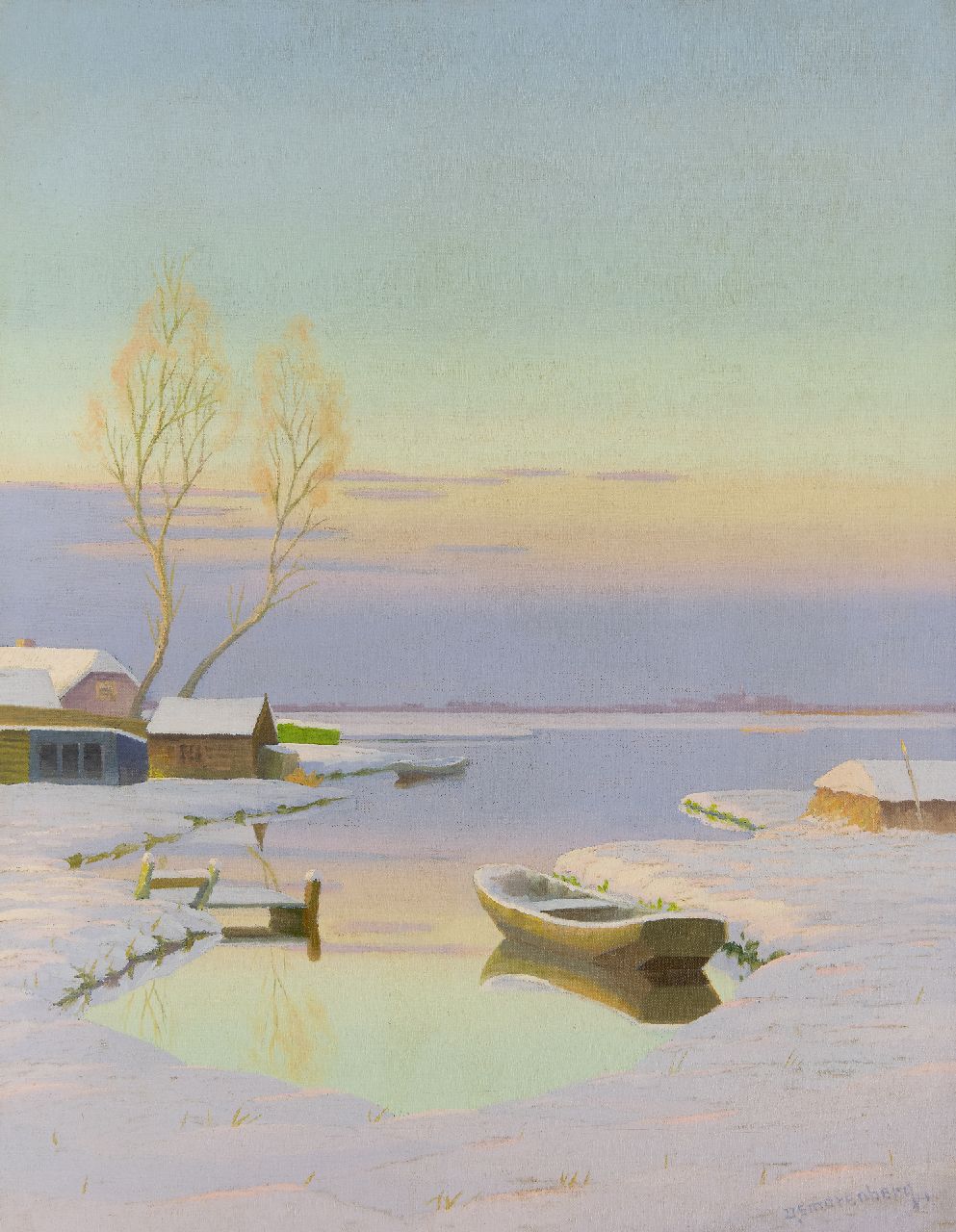 Smorenberg D.  | Dirk Smorenberg, The Loosdrechtse Plassen in winter at sunset, oil on canvas 53.3 x 41.5 cm, signed l.r.