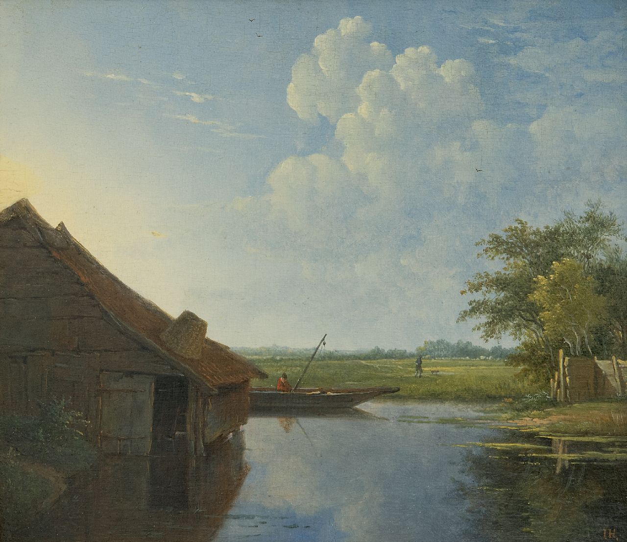 Hilverdink J.  | Johannes Hilverdink | Paintings offered for sale | An angler in a river landscape, oil on panel 20.8 x 23.7 cm, signed l.r. with initials