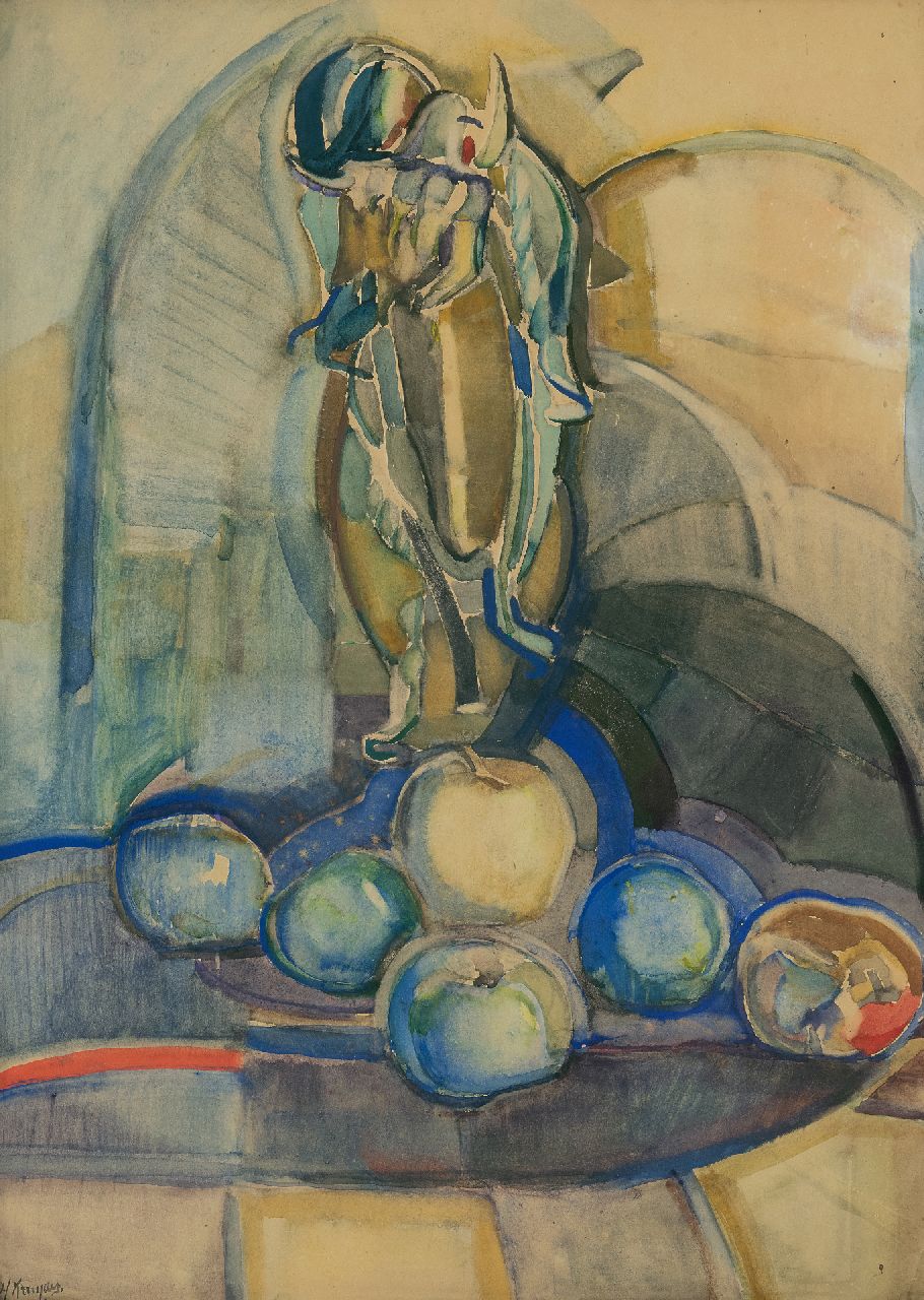 Kruyder H.J.  | 'Herman' Justus Kruyder | Watercolours and drawings offered for sale | Still life with apples, drawing on paper 62.0 x 43.0 cm, signed l.l. and painted ca. 1916-1922