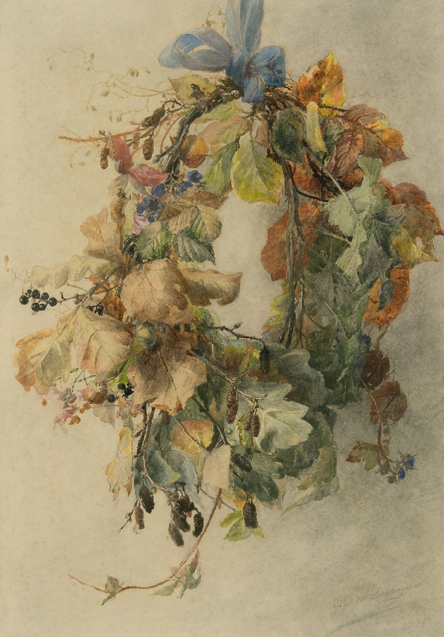Sande Bakhuyzen G.J. van de | 'Gerardine' Jacoba van de Sande Bakhuyzen | Watercolours and drawings offered for sale | Autumn wreath, watercolour on paper 49.3 x 34.3 cm, signed l.r.