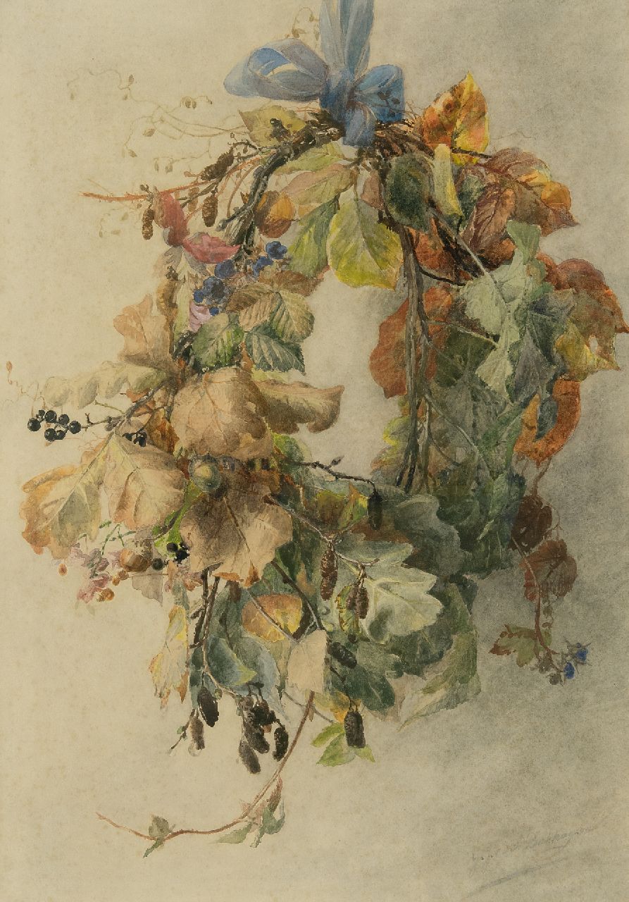 Sande Bakhuyzen G.J. van de | 'Gerardine' Jacoba van de Sande Bakhuyzen, Autumn wreath, watercolour on paper 49.3 x 34.3 cm, signed l.r.