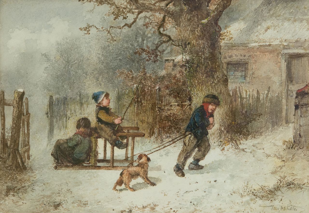 Kate J.M.H. ten | Johan 'Mari' Henri ten Kate, Playing horse and carriage in the snow, watercolour on paper 25.1 x 35.6 cm, signed l.r.