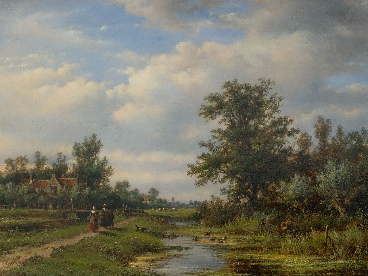 Kleijn L.J.  | Lodewijk Johannes Kleijn | Paintings offered for sale | Farmers on a path along a village creek, oil on canvas 49.5 x 64.4 cm, signed l.l.