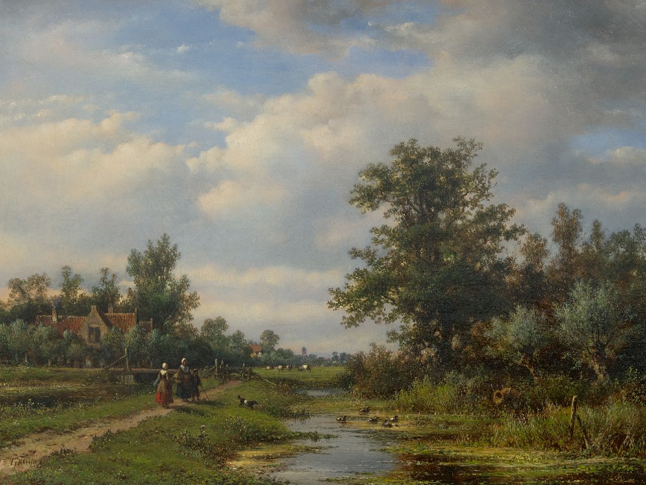 Kleijn L.J.  | Lodewijk Johannes Kleijn, Farmers on a path along a village creek, oil on canvas 49.5 x 64.4 cm, signed l.l.