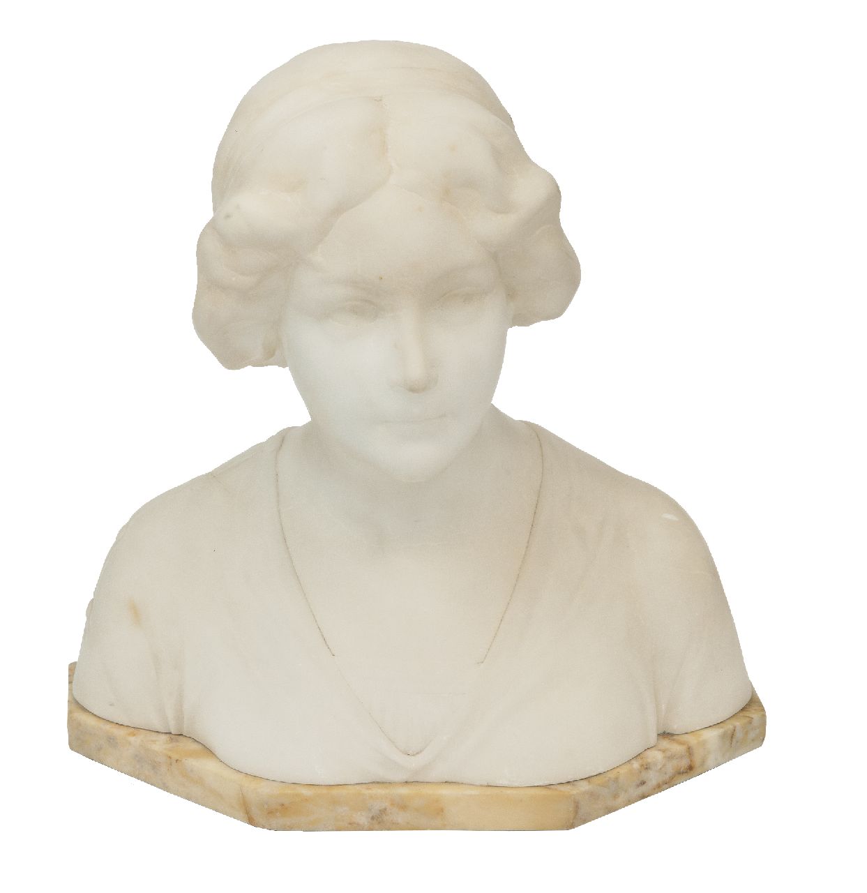 Franse school, Art Deco   | Franse school, Art Deco, Bust of a woman, marble 33.0 x 33.5 cm, signed indistinctly signed on the reverse