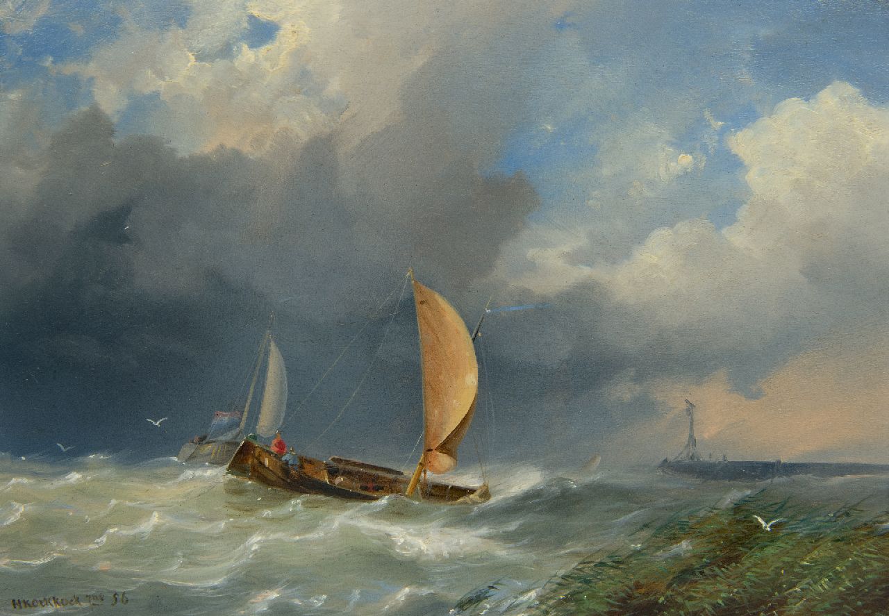 Koekkoek jr. H.  | Hermanus Koekkoek jr., Ships in a storm near a harbour entrance, oil on panel 21.1 x 30.3 cm, signed l.l. and dated '56