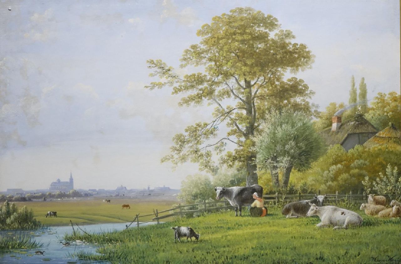 Knip H.J.  | Hendrikus Johannes 'Henri' Knip | Watercolours and drawings offered for sale | Farmyard, Den Bosch in the distance, gouache on paper 49.3 x 72.5 cm, signed l.r.