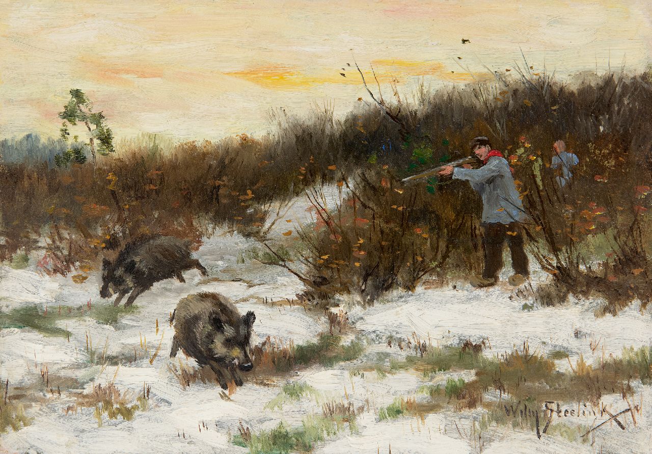 Steelink jr. W.  | Willem Steelink jr., Boar hunt in de snow, oil on panel 19.8 x 28.0 cm, signed l.r.
