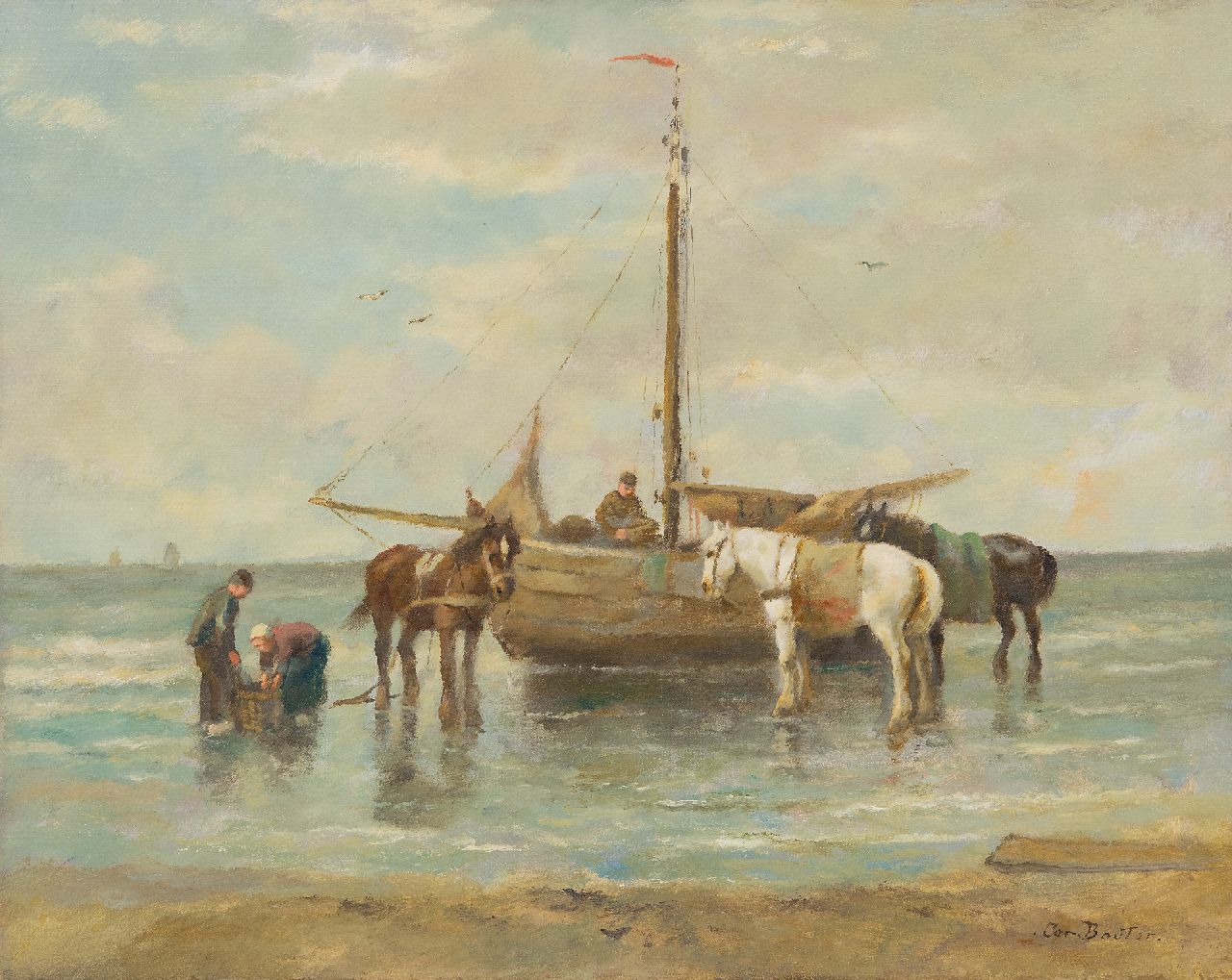 Cor Bouter | Return of the fishermen, oil on canvas, 41.0 x 51.1 cm, signed l.r.
