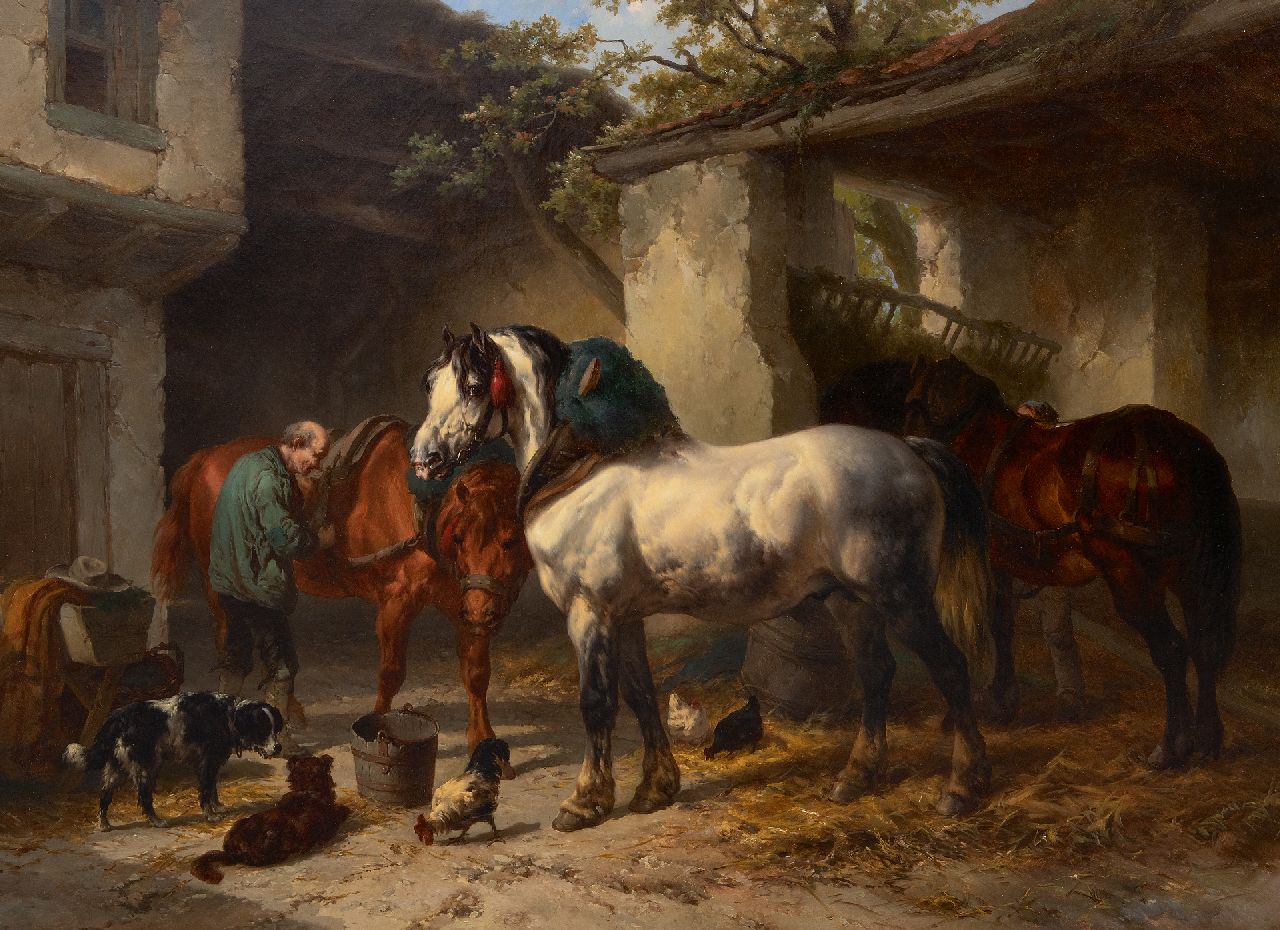 Verschuur W.  | Wouterus Verschuur | Paintings offered for sale | Horses in a stableyard, oil on canvas 76.3 x 106.2 cm, signed l.l.